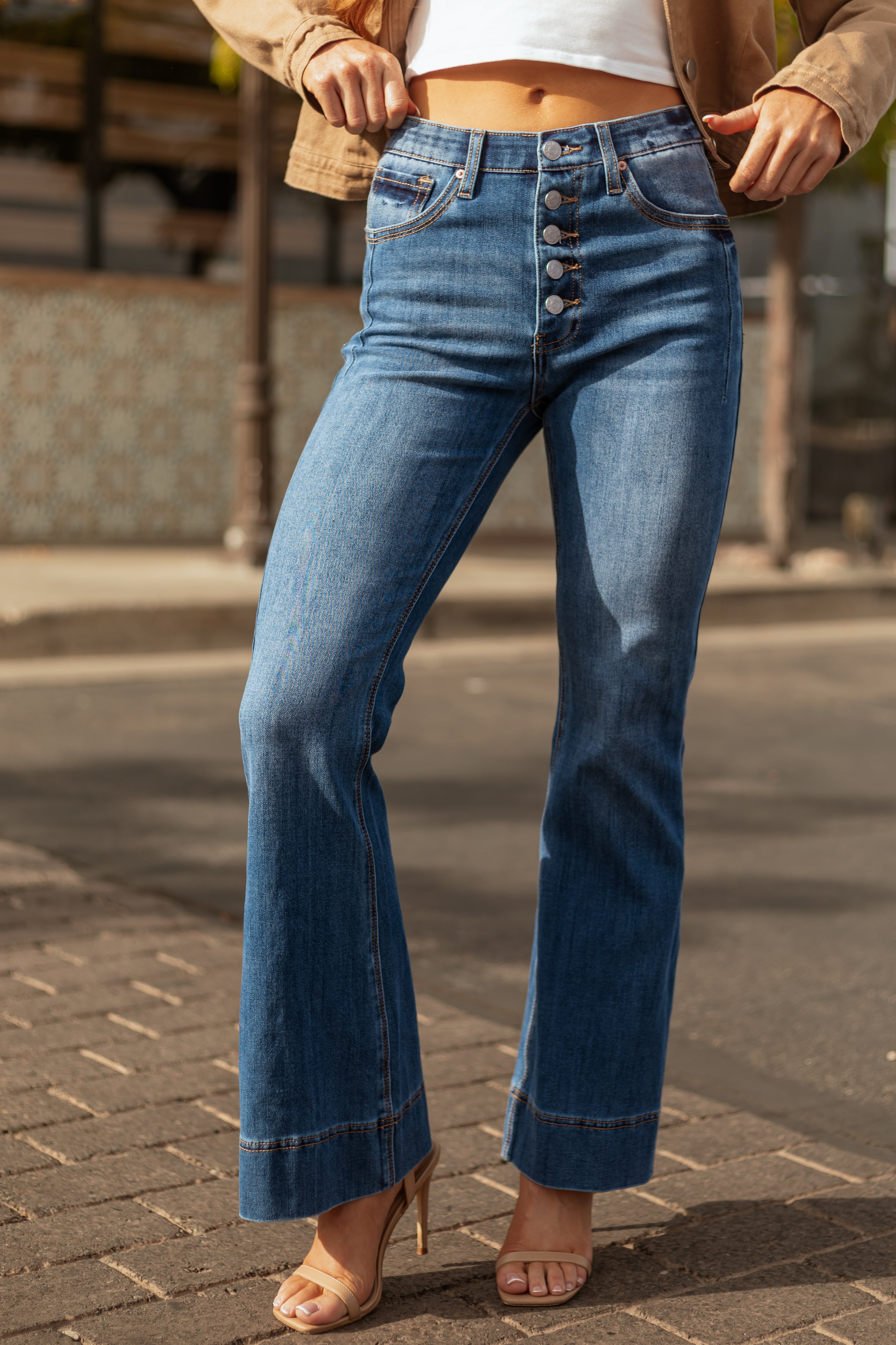 Saige Button Fly Tummy Control Stretchy Flare Jeans