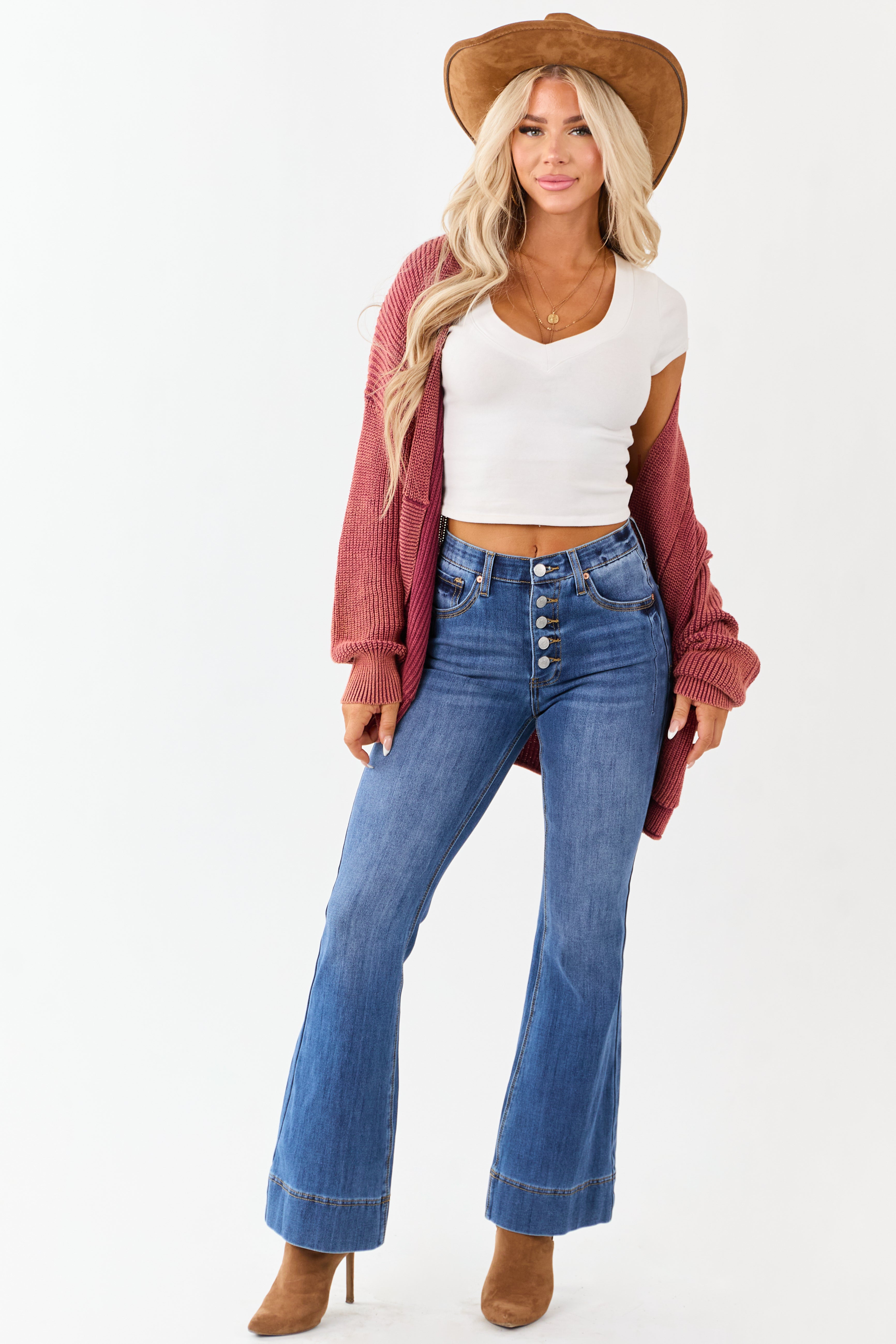Saige Button Fly Tummy Control Stretchy Flare Jeans