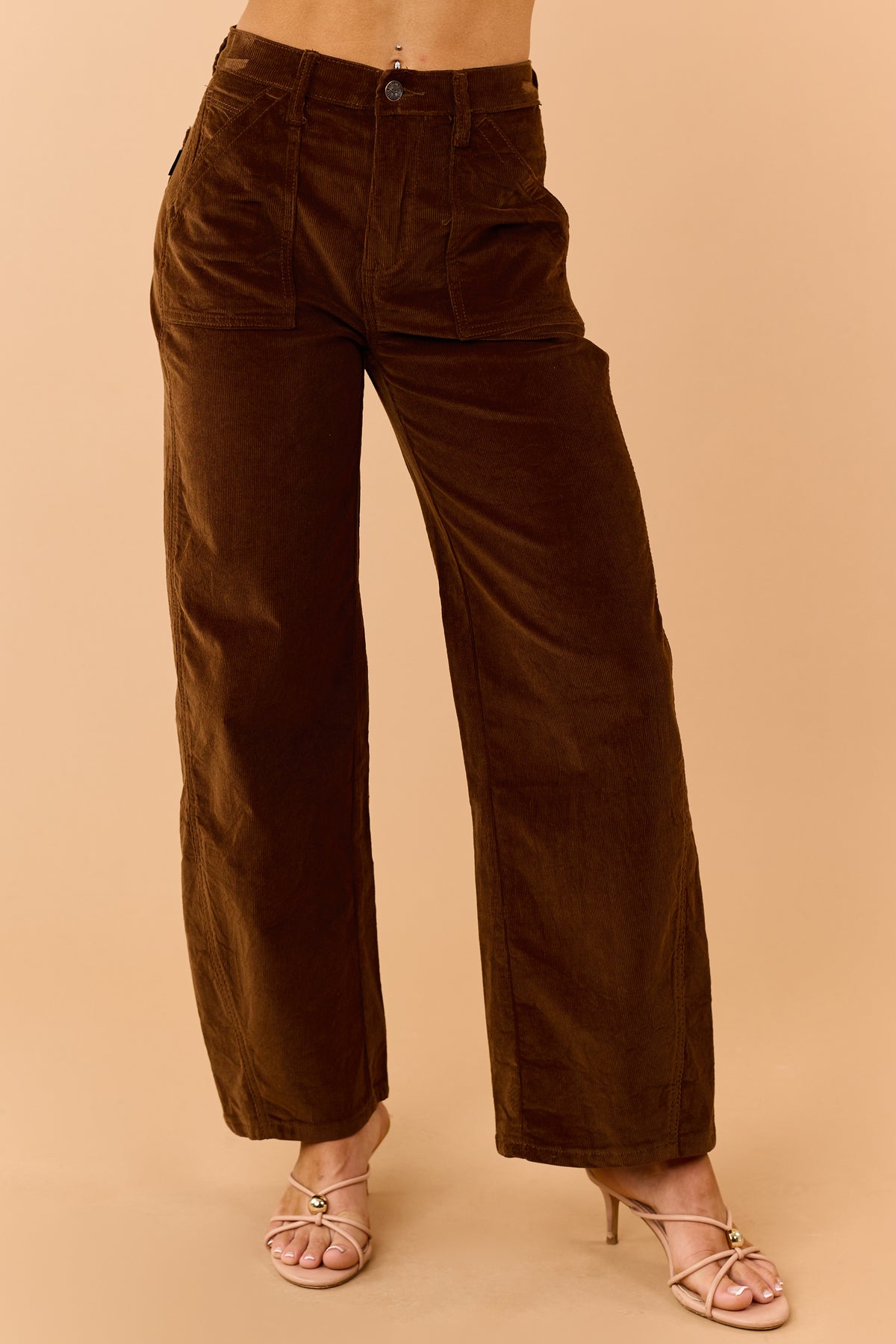 Saige Chocolate Corduroy Tummy Control Barrel Jeans