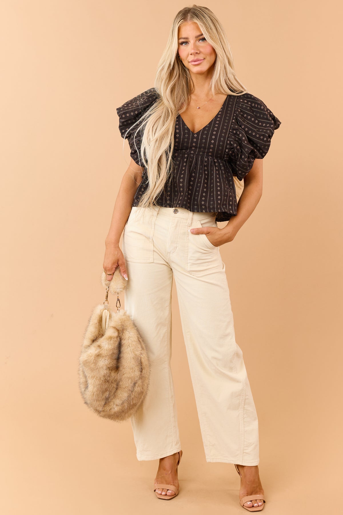 Saige Cream Corduroy Tummy Control Barrel Jeans