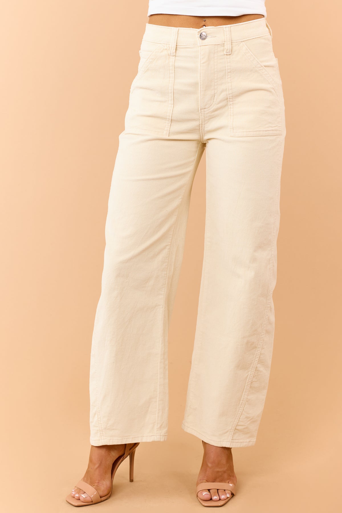 Saige Cream Corduroy Tummy Control Barrel Jeans