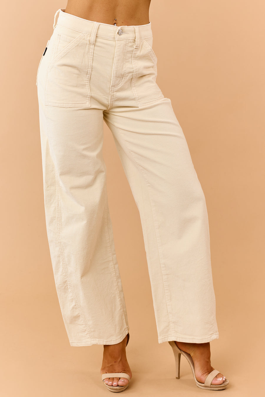 Saige Cream Corduroy Tummy Control Barrel Jeans