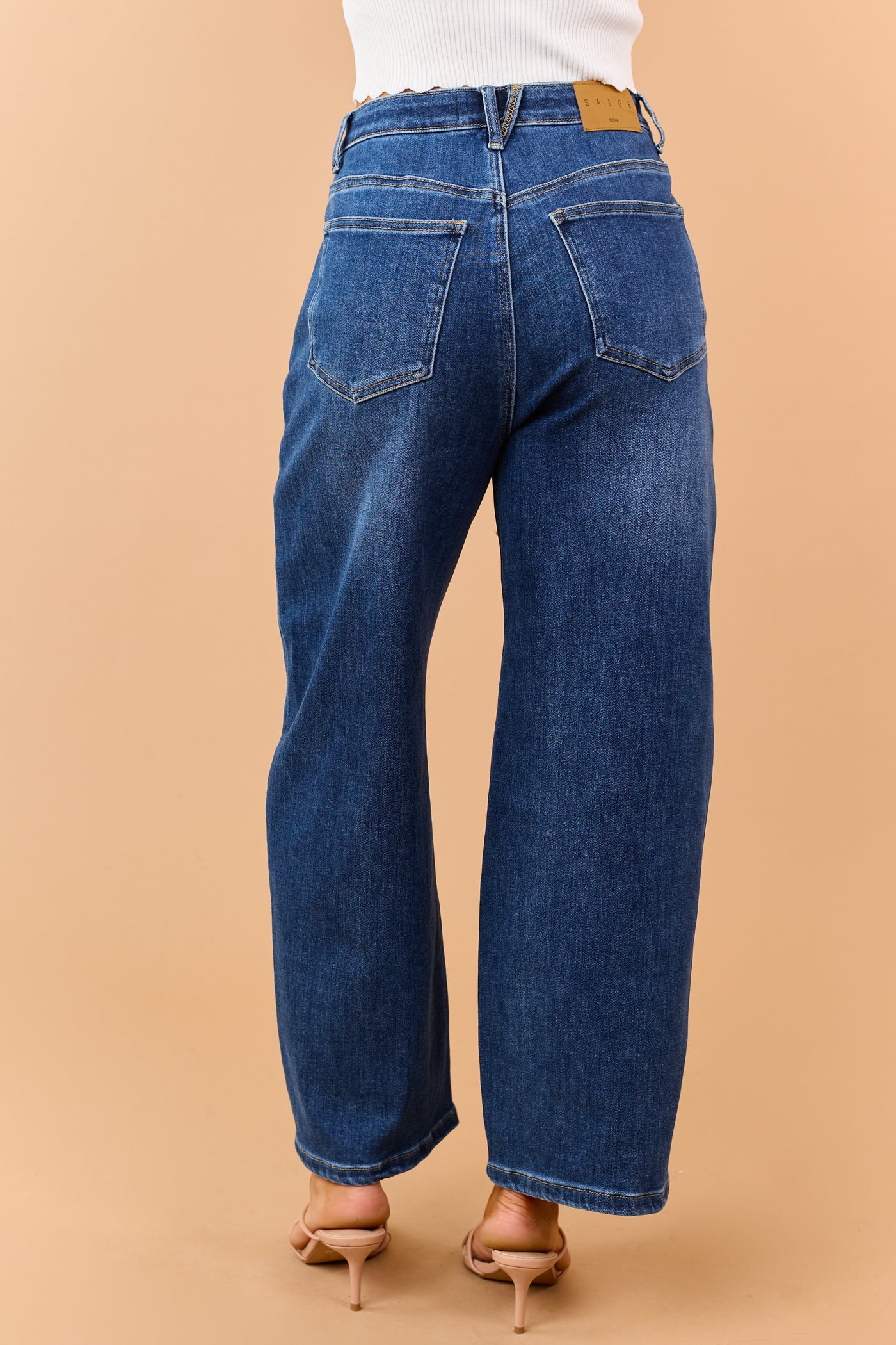 Saige Dark Wash Tummy Control Barrel Jeans