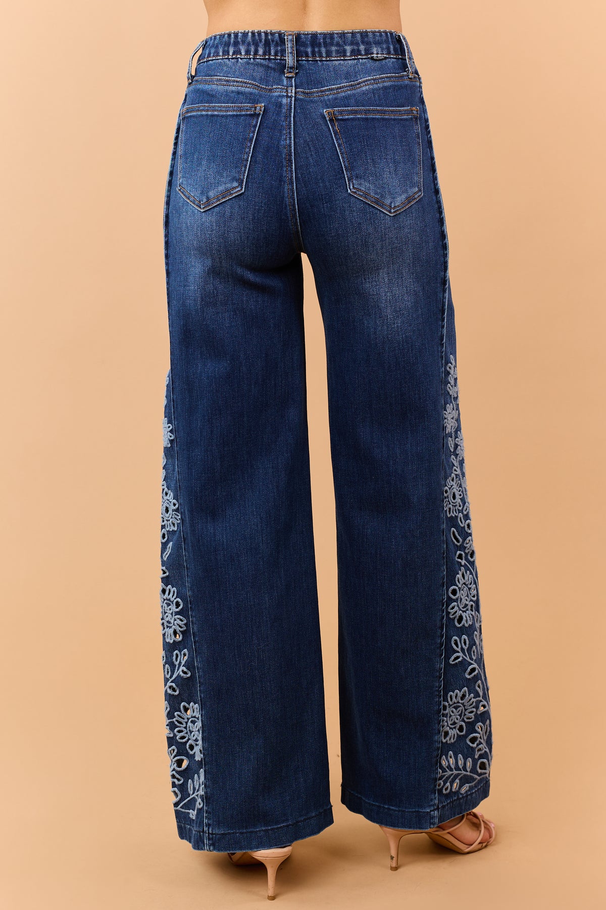Saige Dark Wash Tummy Control Floral Wide Jeans