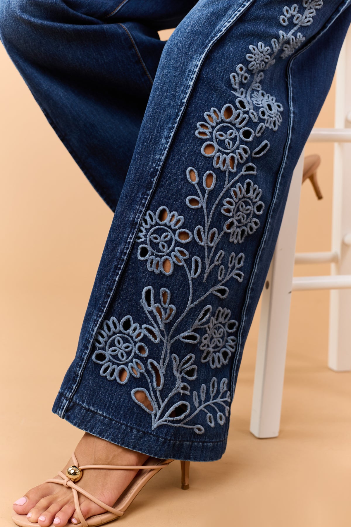 Saige Dark Wash Tummy Control Floral Wide Jeans