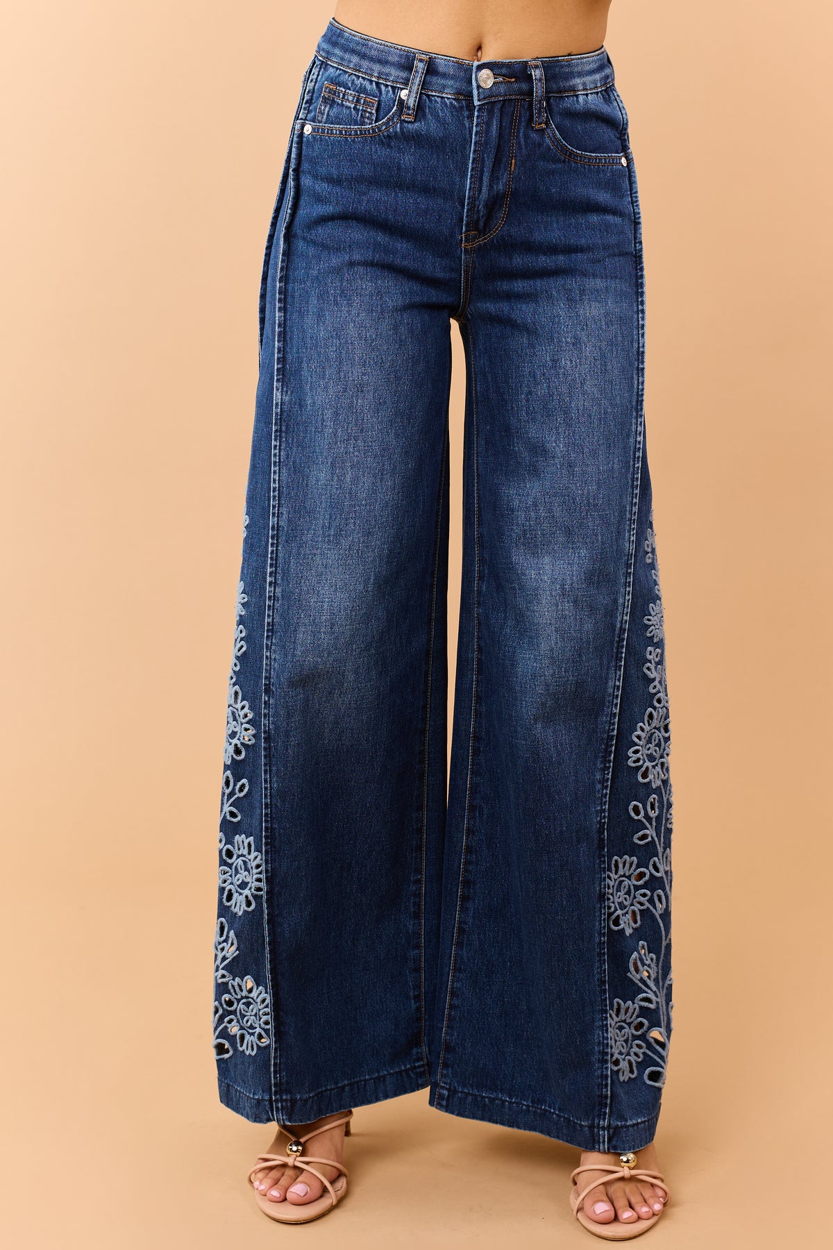 Saige Dark Wash Tummy Control Floral Wide Jeans
