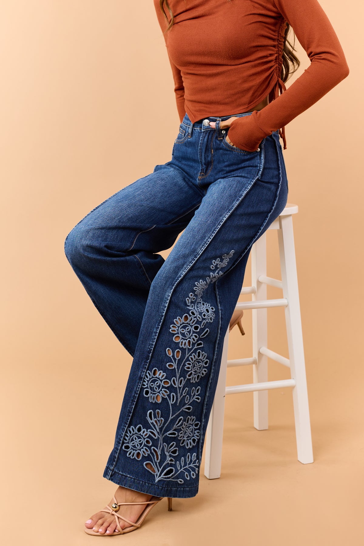 Saige Dark Wash Tummy Control Floral Wide Jeans