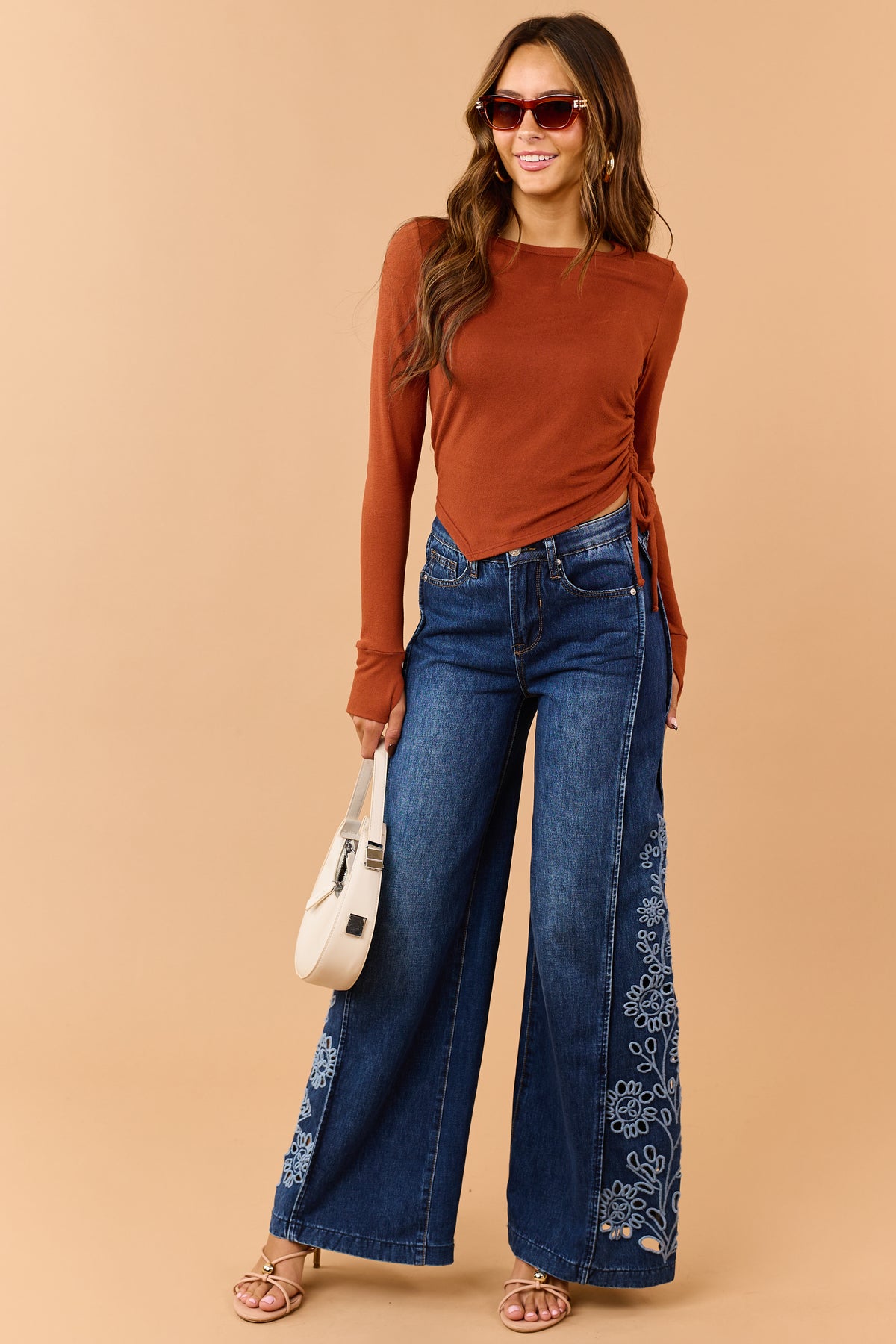 Saige Dark Wash Tummy Control Floral Wide Jeans