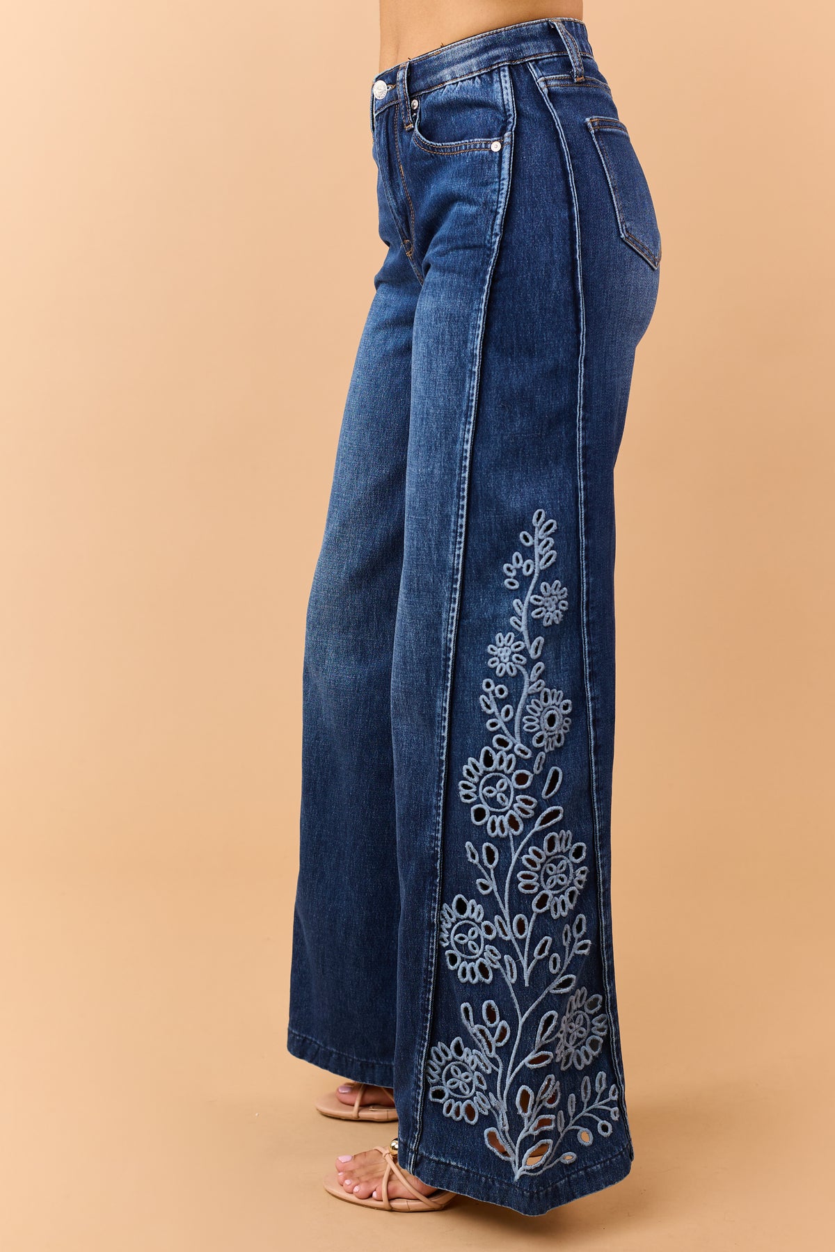 Saige Dark Wash Tummy Control Floral Wide Jeans
