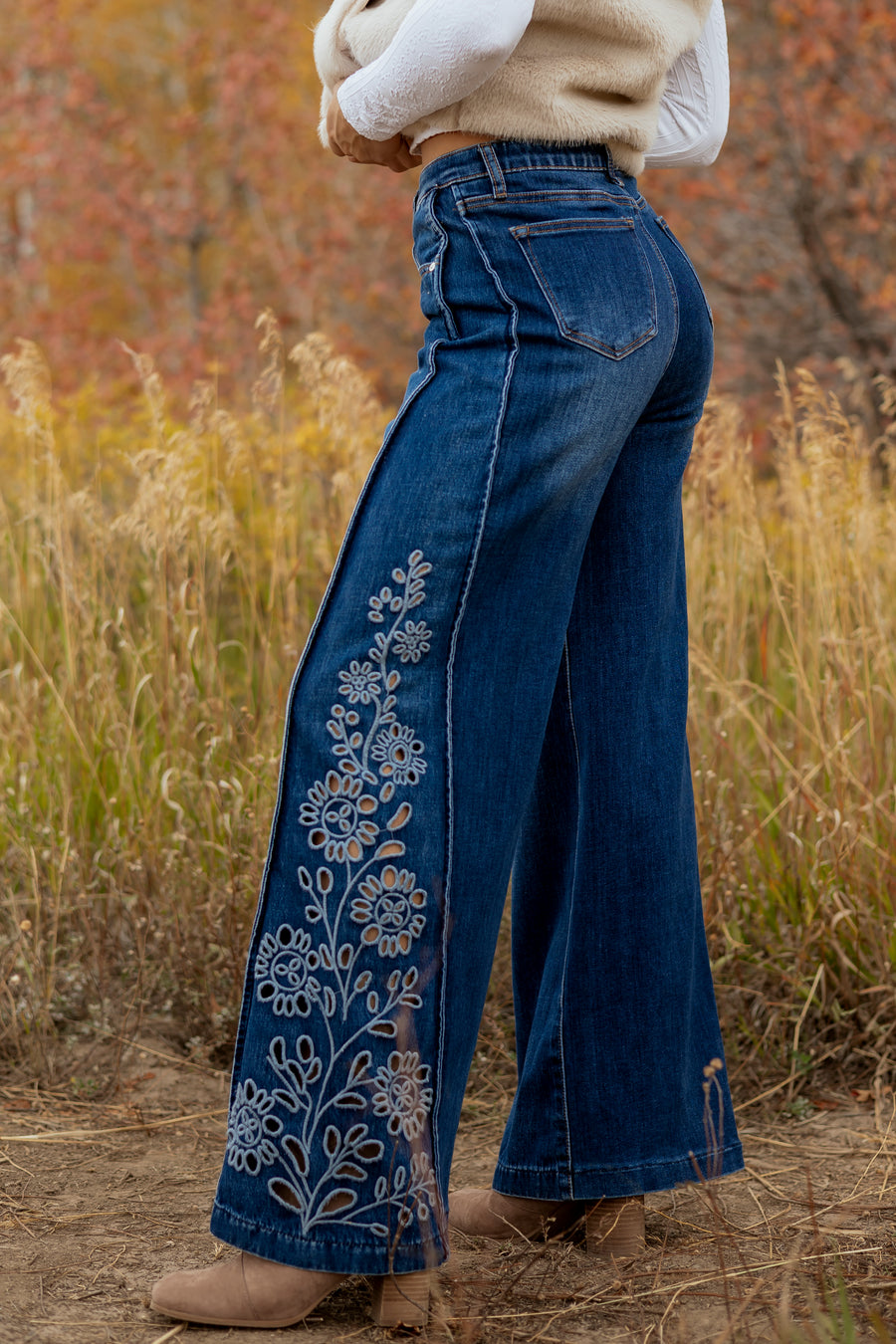 Saige Dark Wash Tummy Control Floral Wide Jeans