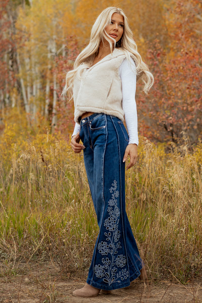 Saige Dark Wash Tummy Control Floral Wide Jeans