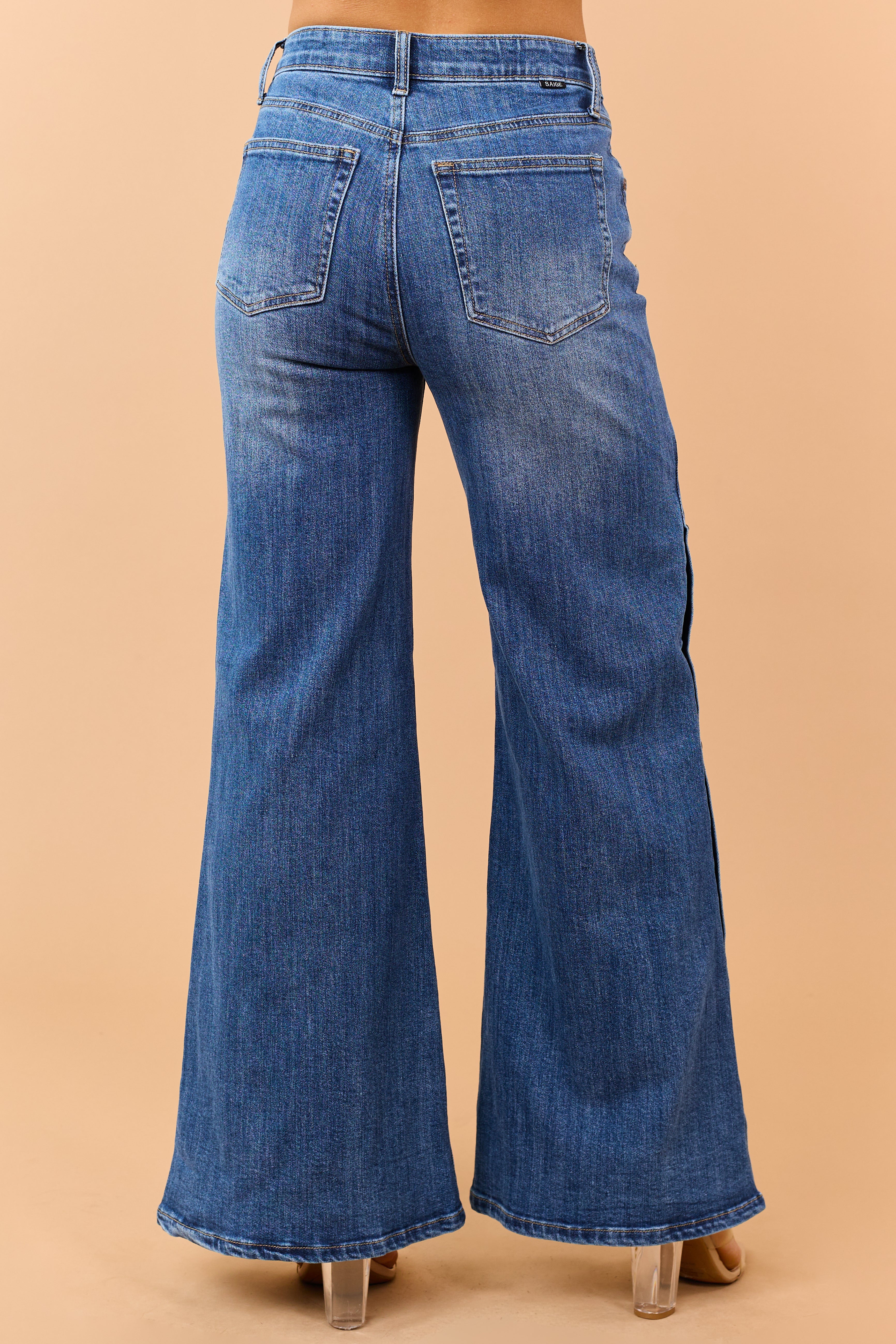 Saige Dark Wash Tummy Control Side Button Wide Jeans