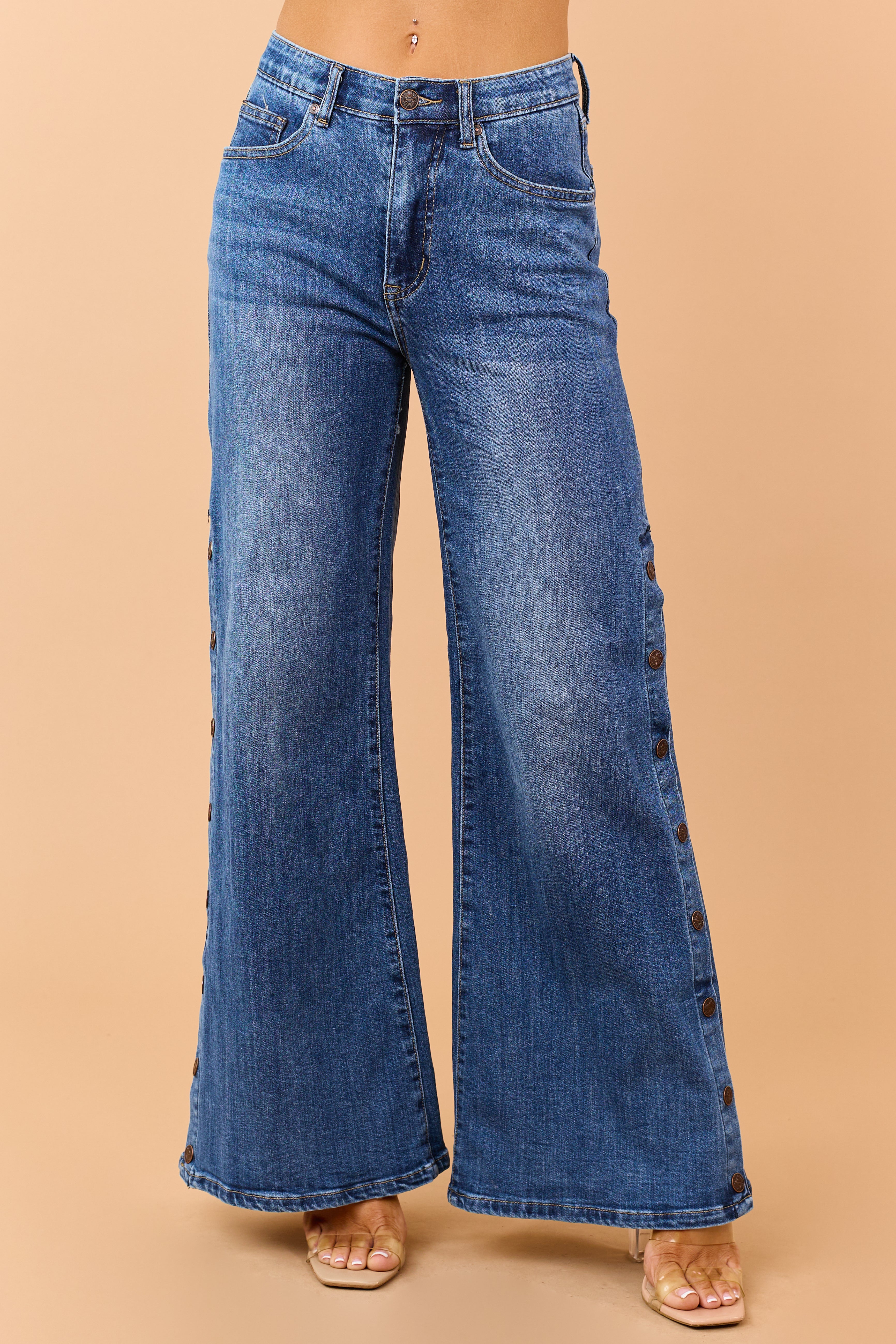 Saige Dark Wash Tummy Control Side Button Wide Jeans