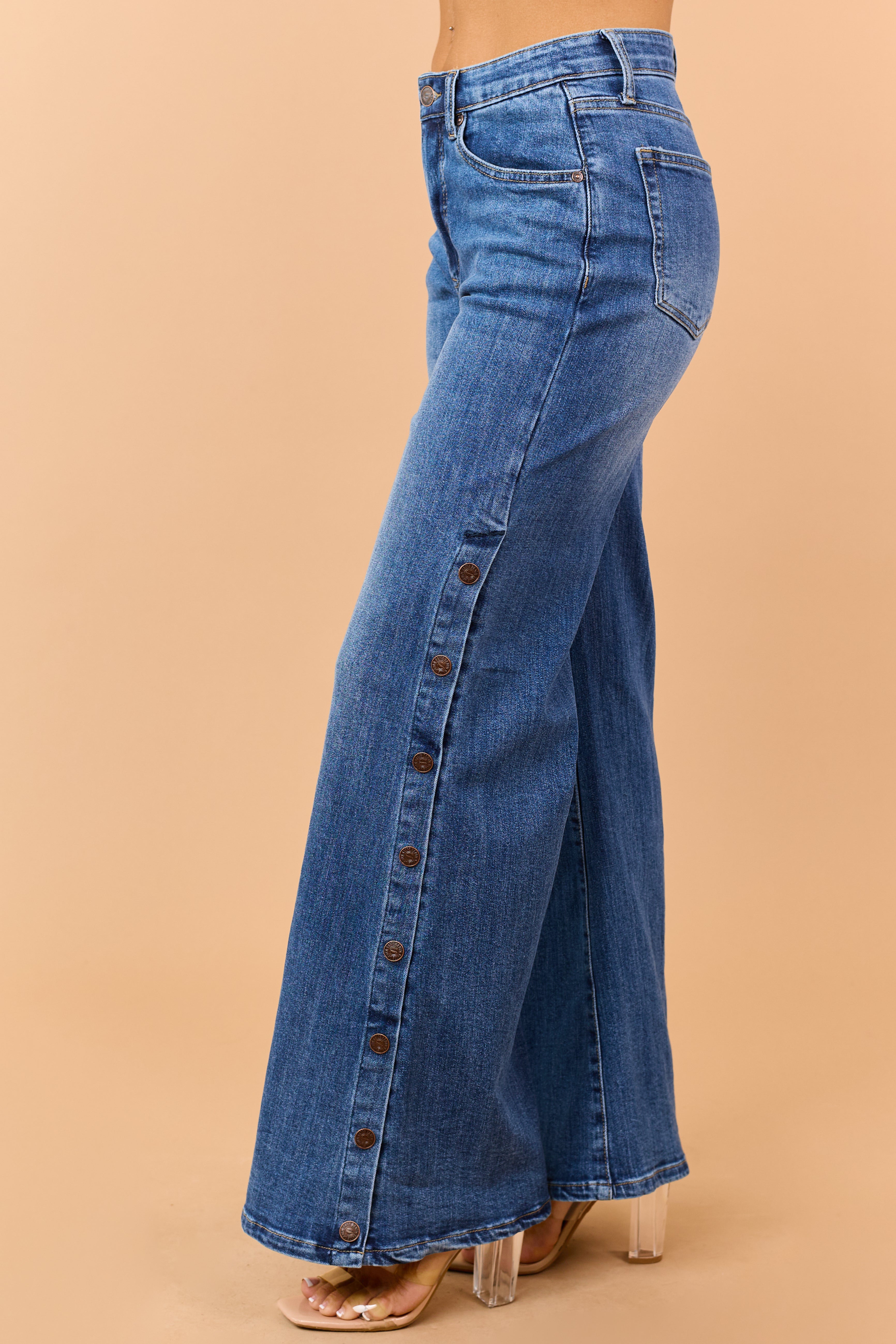 Saige Dark Wash Tummy Control Side Button Wide Jeans