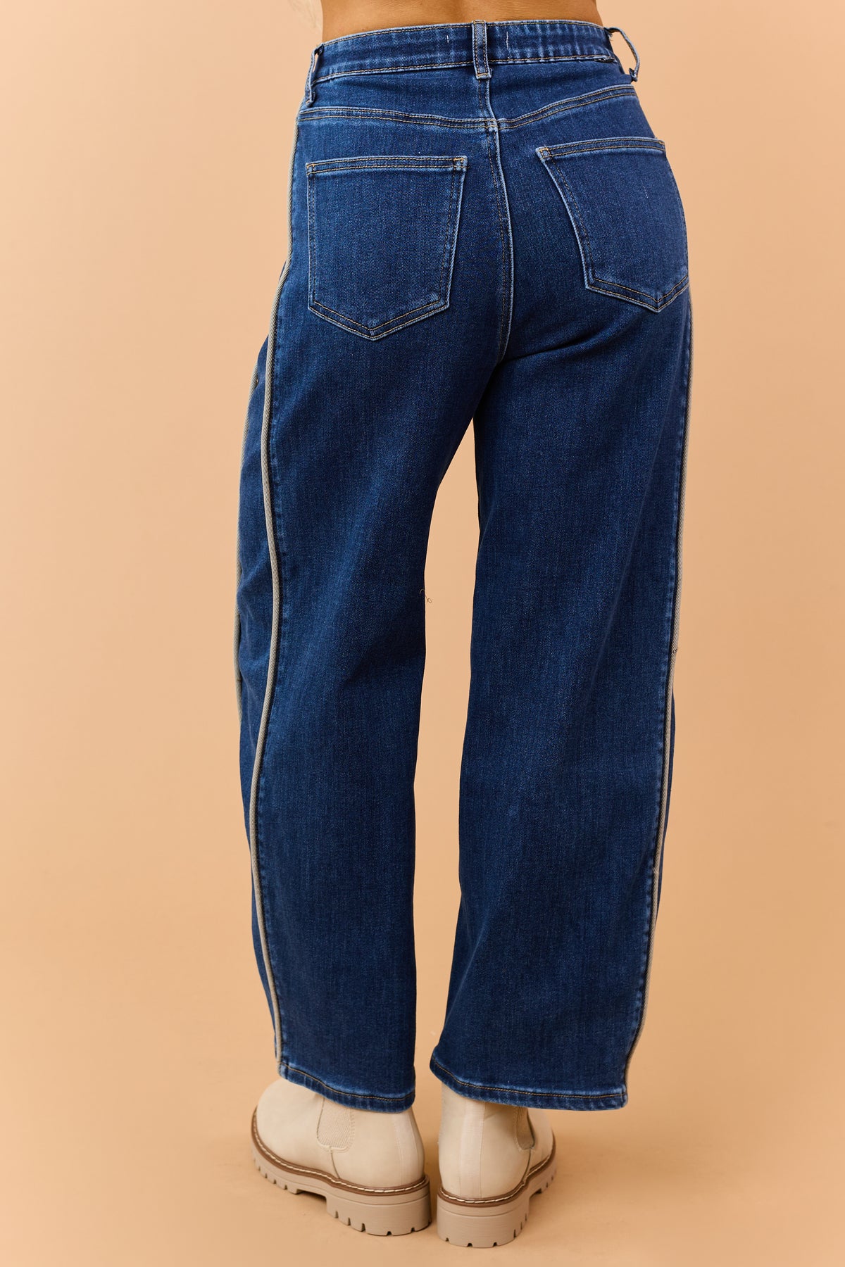 Saige Dark Wash Tummy Control Side Piping Barrel Jeans