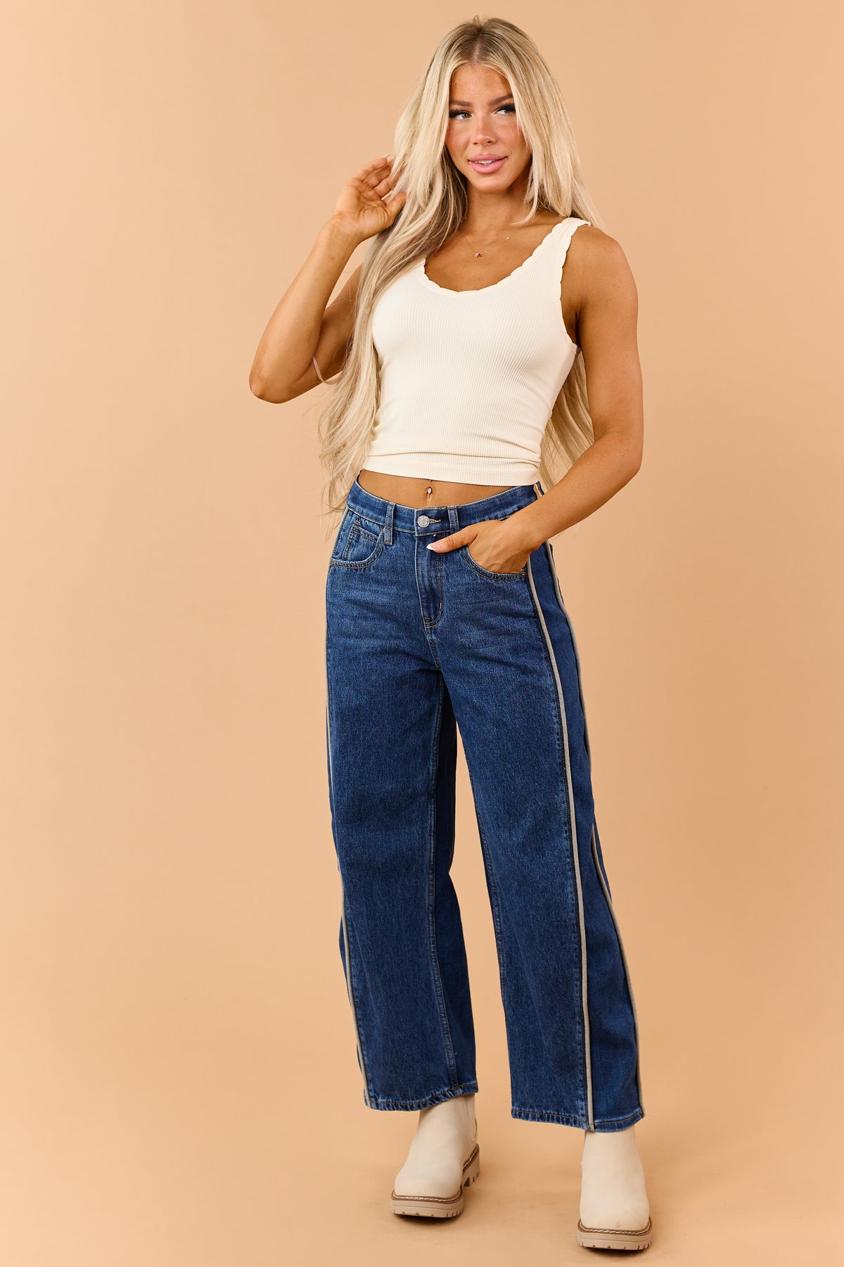 Saige Dark Wash Tummy Control Side Piping Barrel Jeans