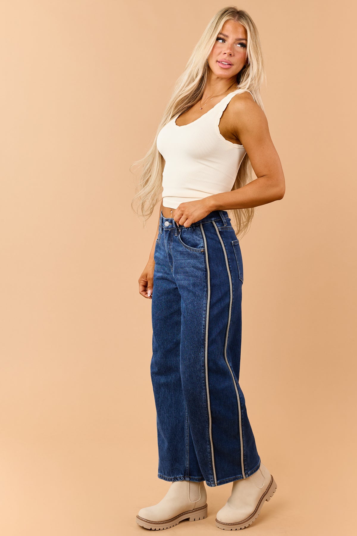 Saige Dark Wash Tummy Control Side Piping Barrel Jeans