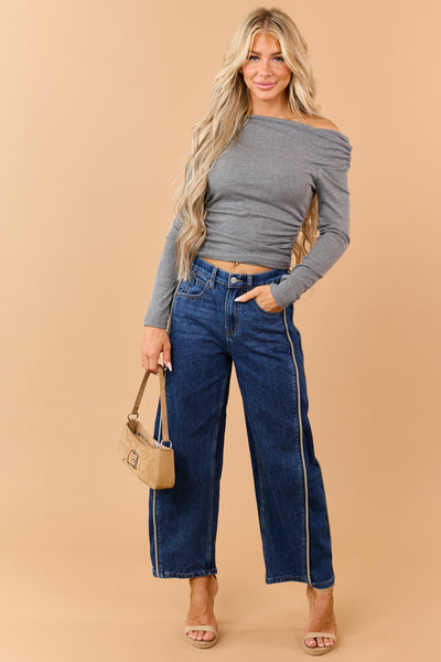 Saige Dark Wash Tummy Control Side Piping Barrel Jeans