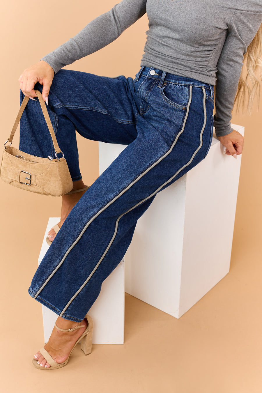 Saige Dark Wash Tummy Control Side Piping Barrel Jeans