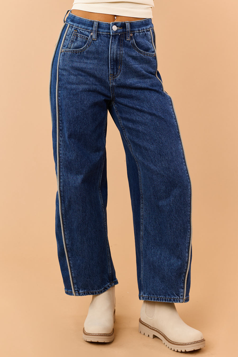 Saige Dark Wash Tummy Control Side Piping Barrel Jeans