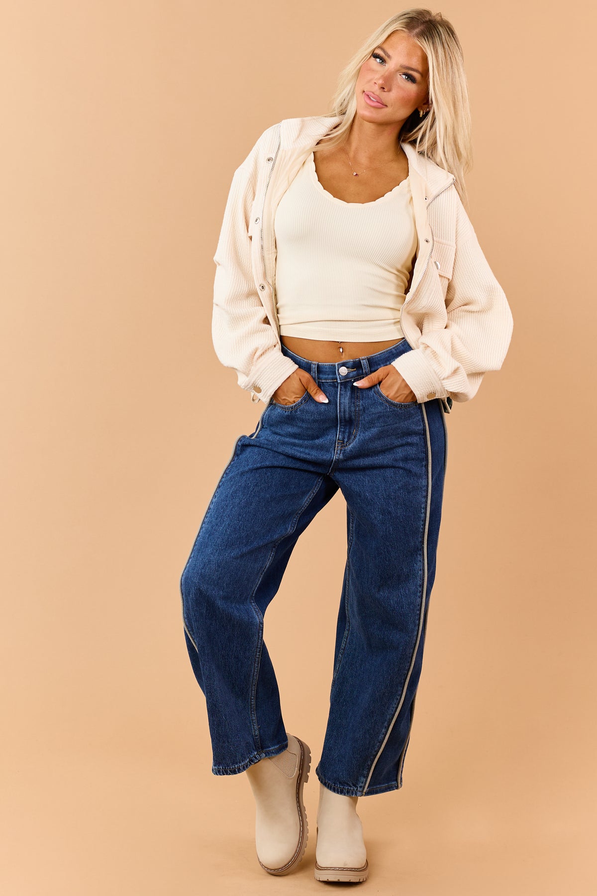 Saige Dark Wash Tummy Control Side Piping Barrel Jeans