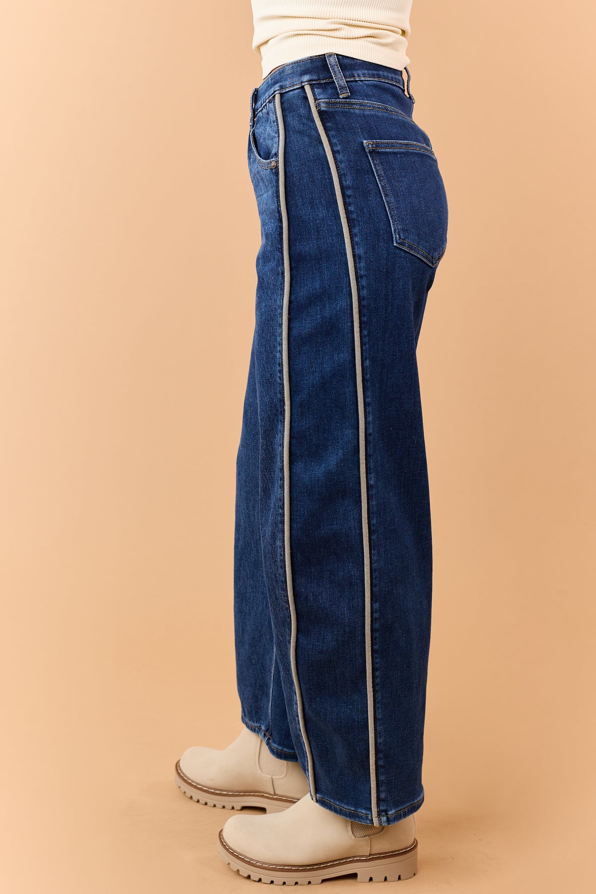 Saige Dark Wash Tummy Control Side Piping Barrel Jeans