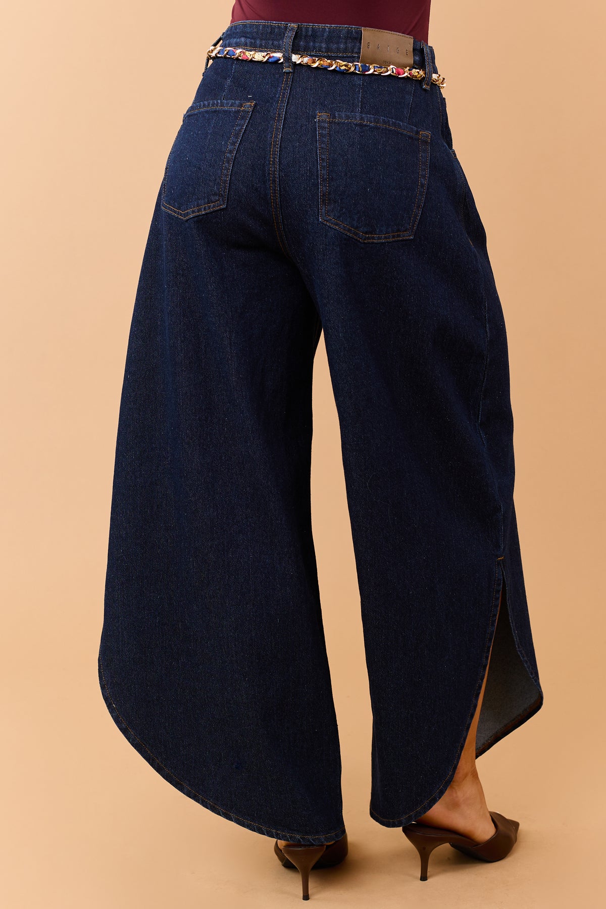 Saige Dark Wash Tummy Control Waist Tie Barrel Jeans