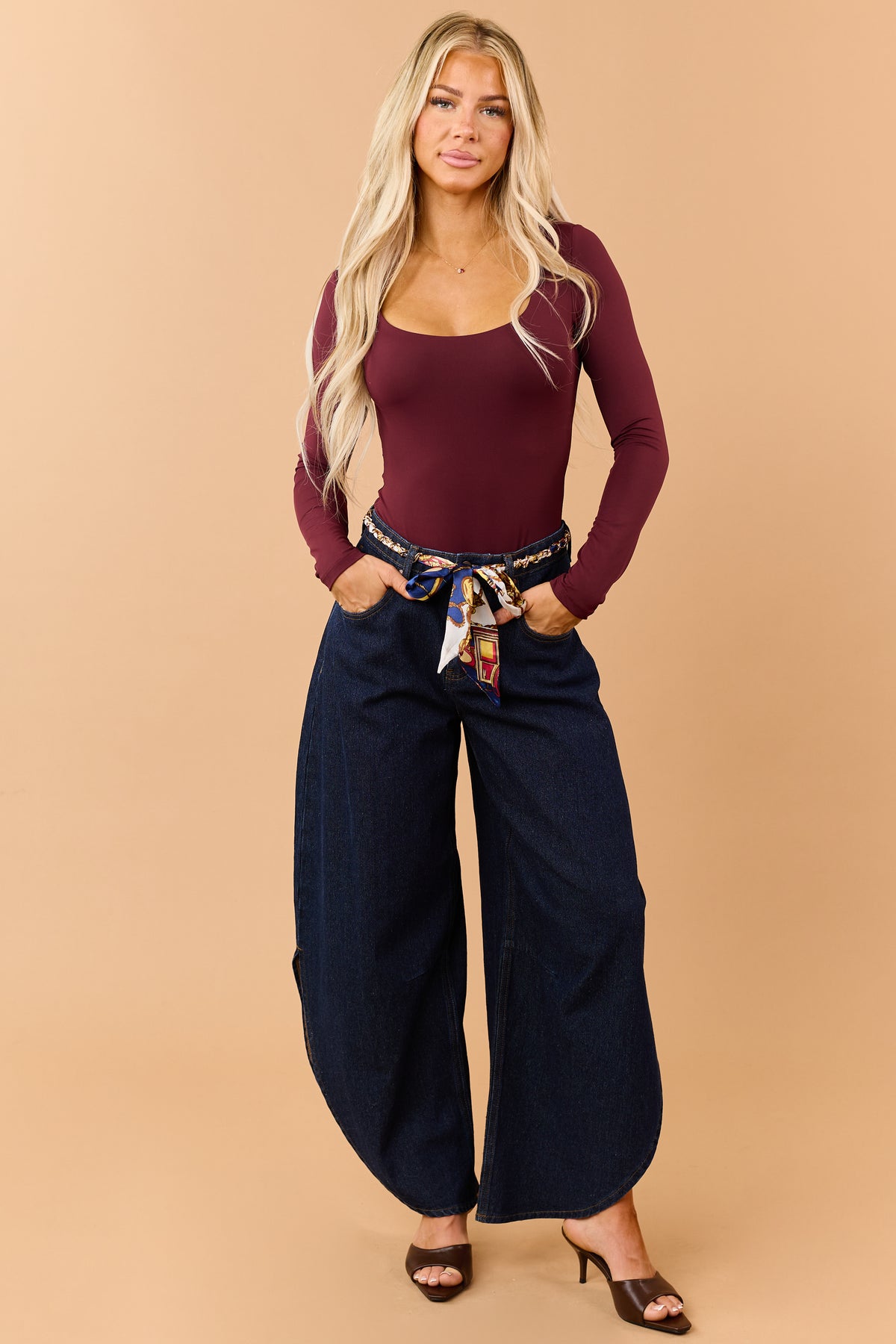 Saige Dark Wash Tummy Control Waist Tie Barrel Jeans