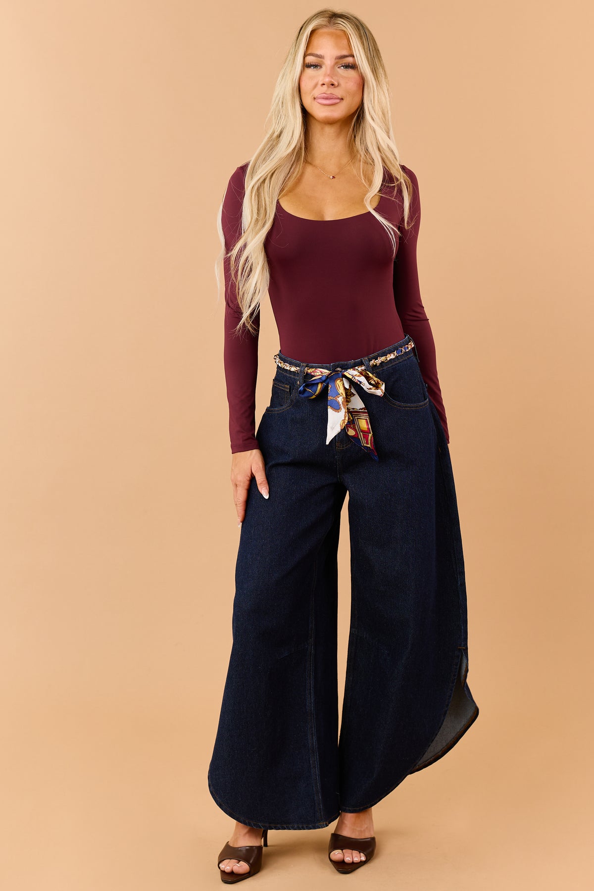 Saige Dark Wash Tummy Control Waist Tie Barrel Jeans