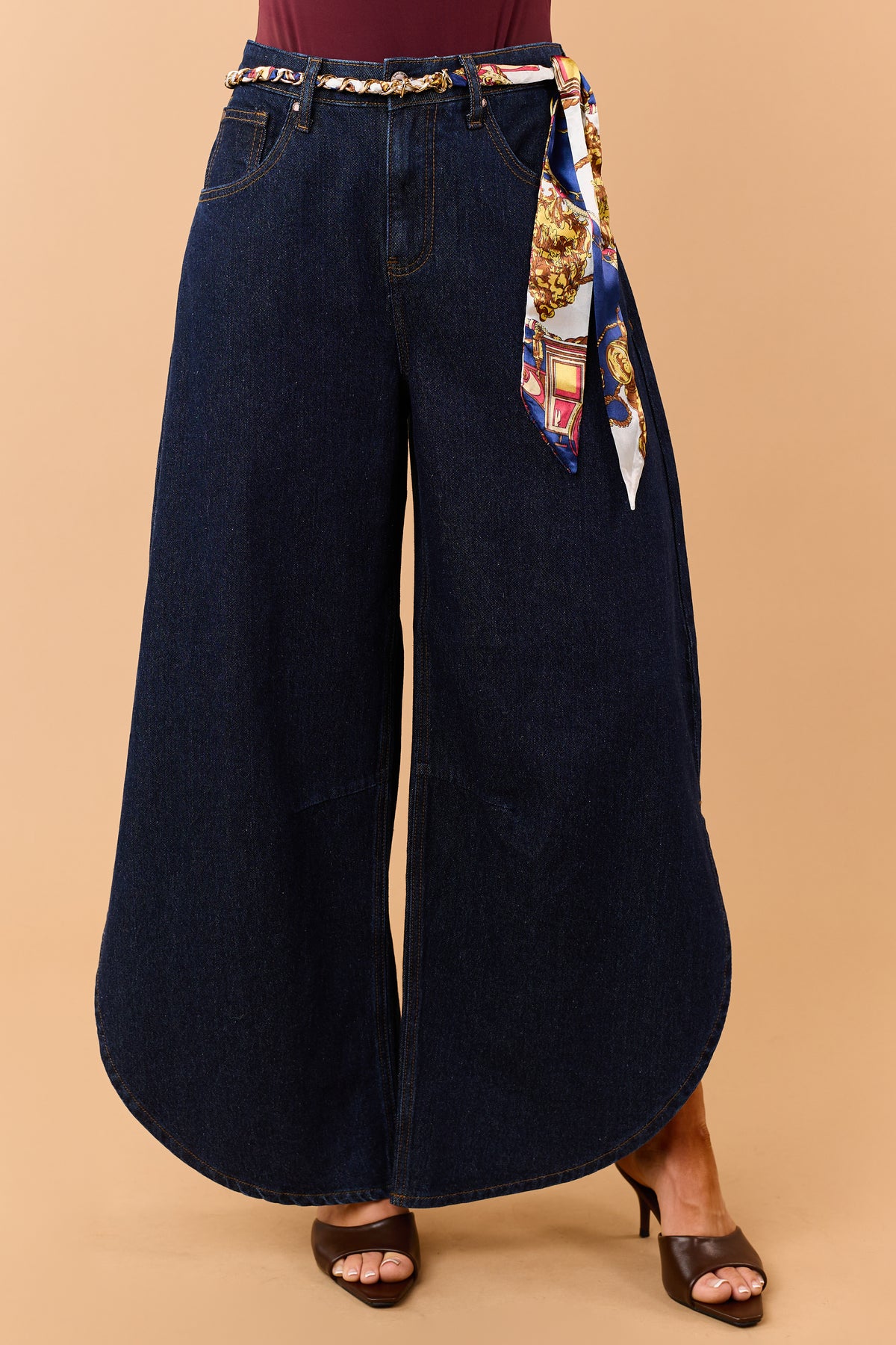 Saige Dark Wash Tummy Control Waist Tie Barrel Jeans