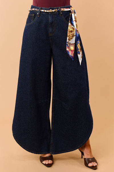 Saige Dark Wash Tummy Control Waist Tie Barrel Jeans