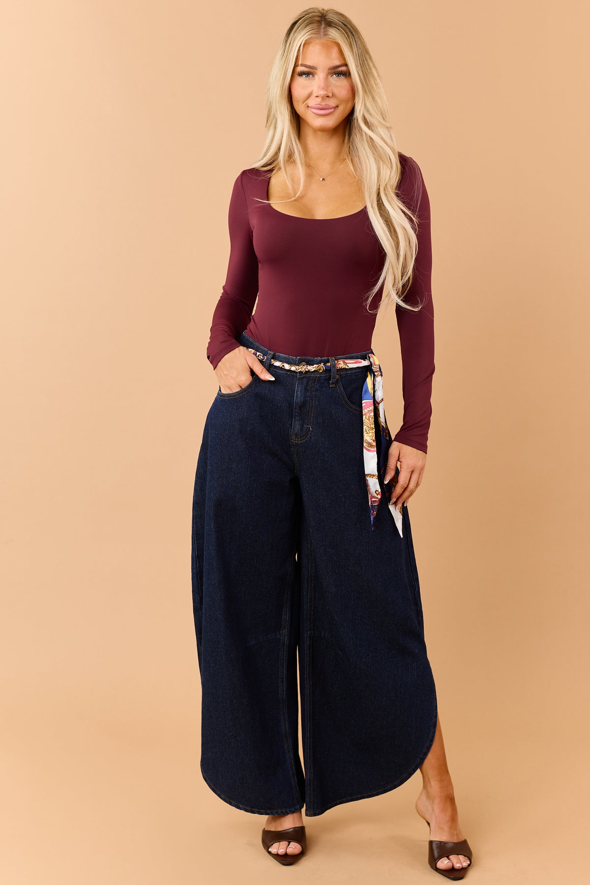 Saige Dark Wash Tummy Control Waist Tie Barrel Jeans