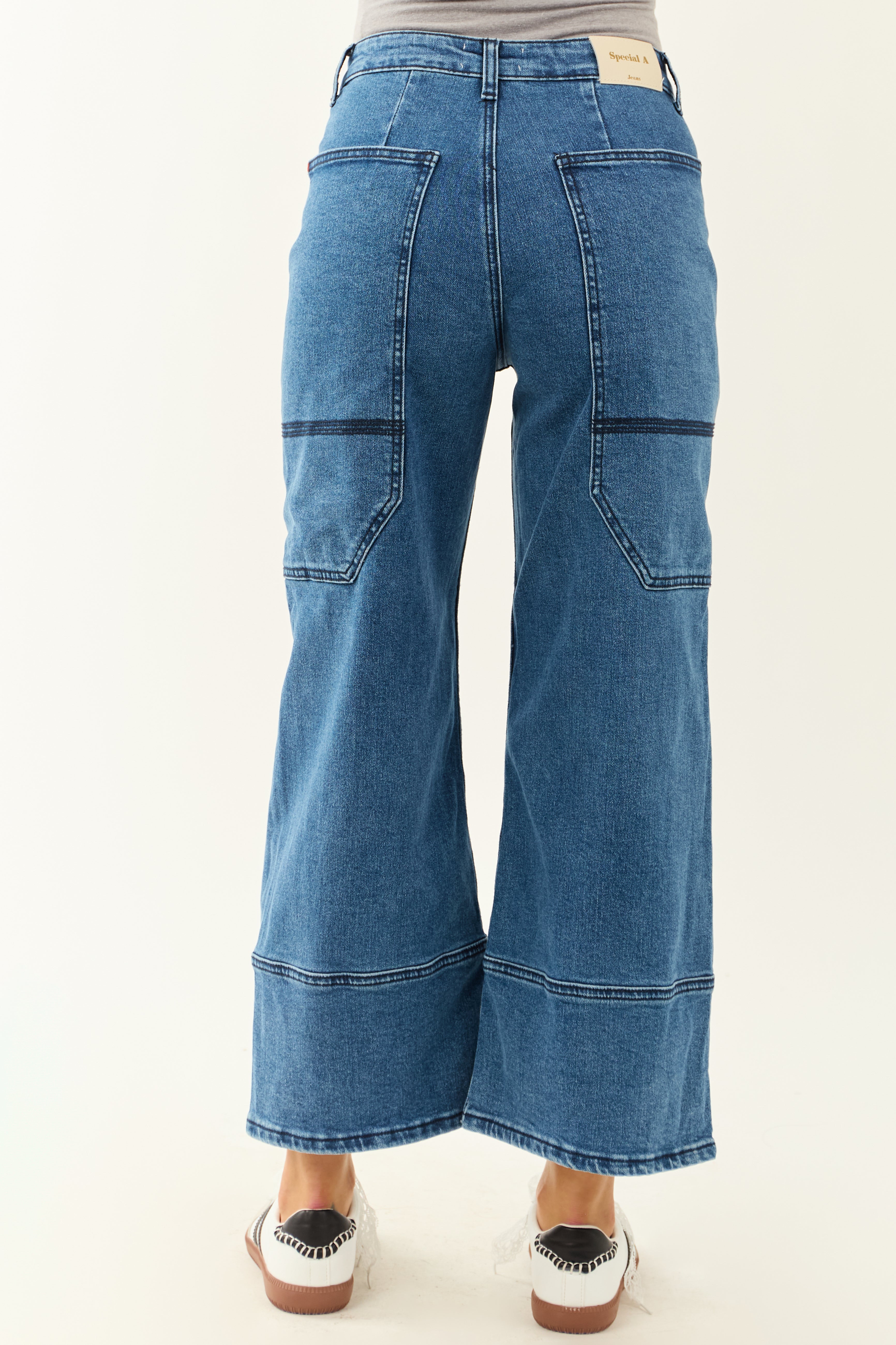 Saige Dark Wash Wide Leg Stretchy Wrap Pocket Jeans