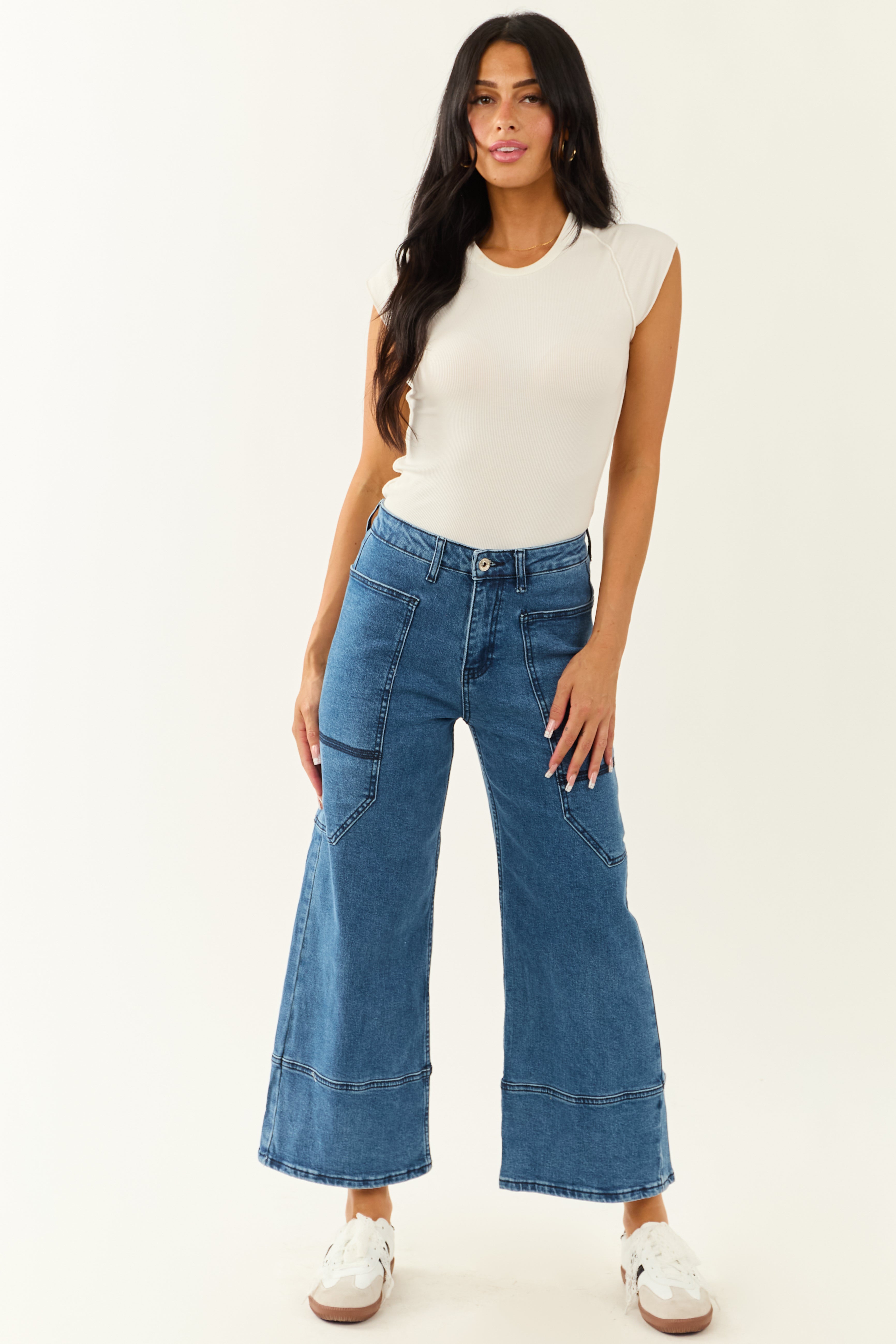 Saige Dark Wash Wide Leg Stretchy Wrap Pocket Jeans | Lime Lush