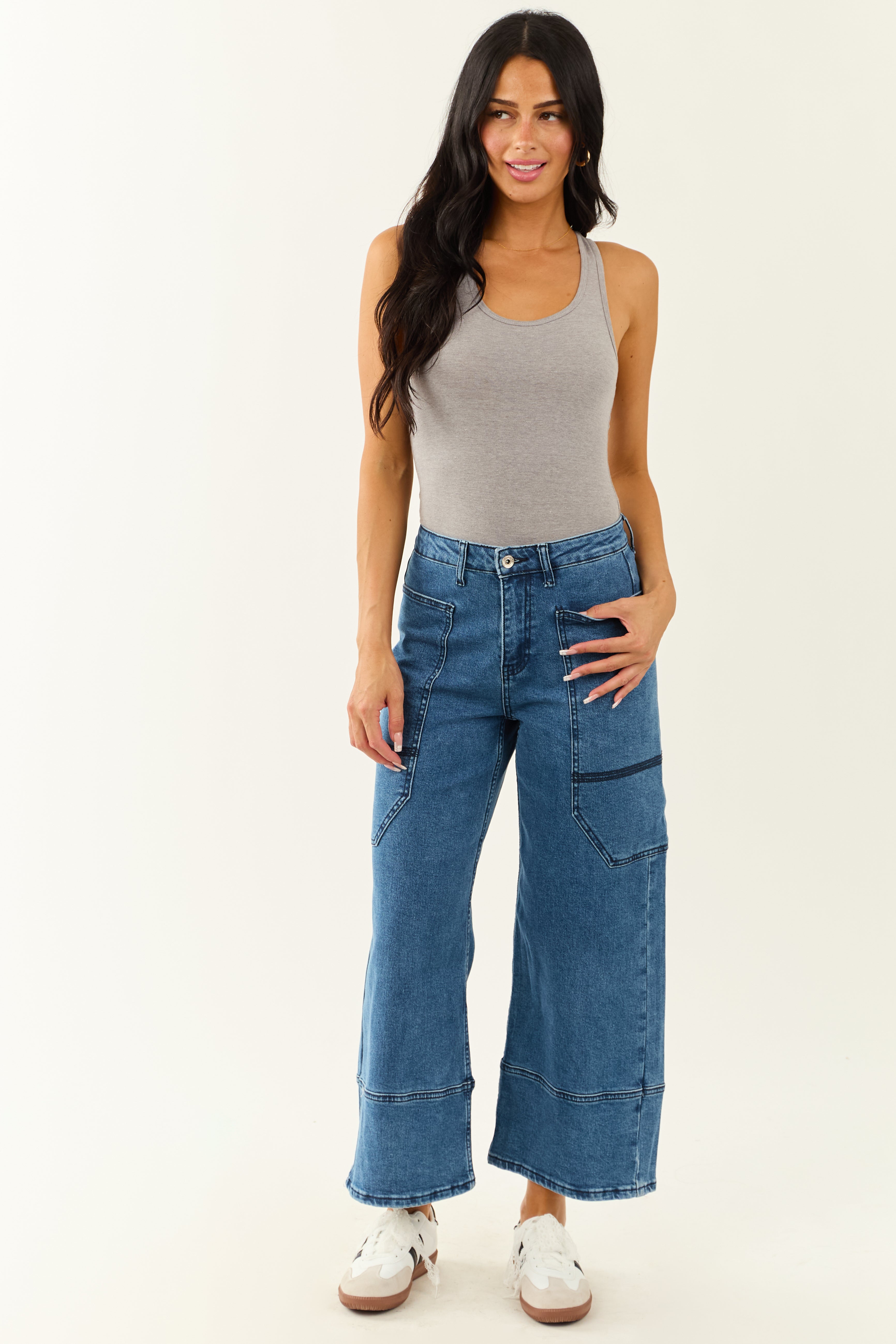 Saige Dark Wash Wide Leg Stretchy Wrap Pocket Jeans | Lime Lush