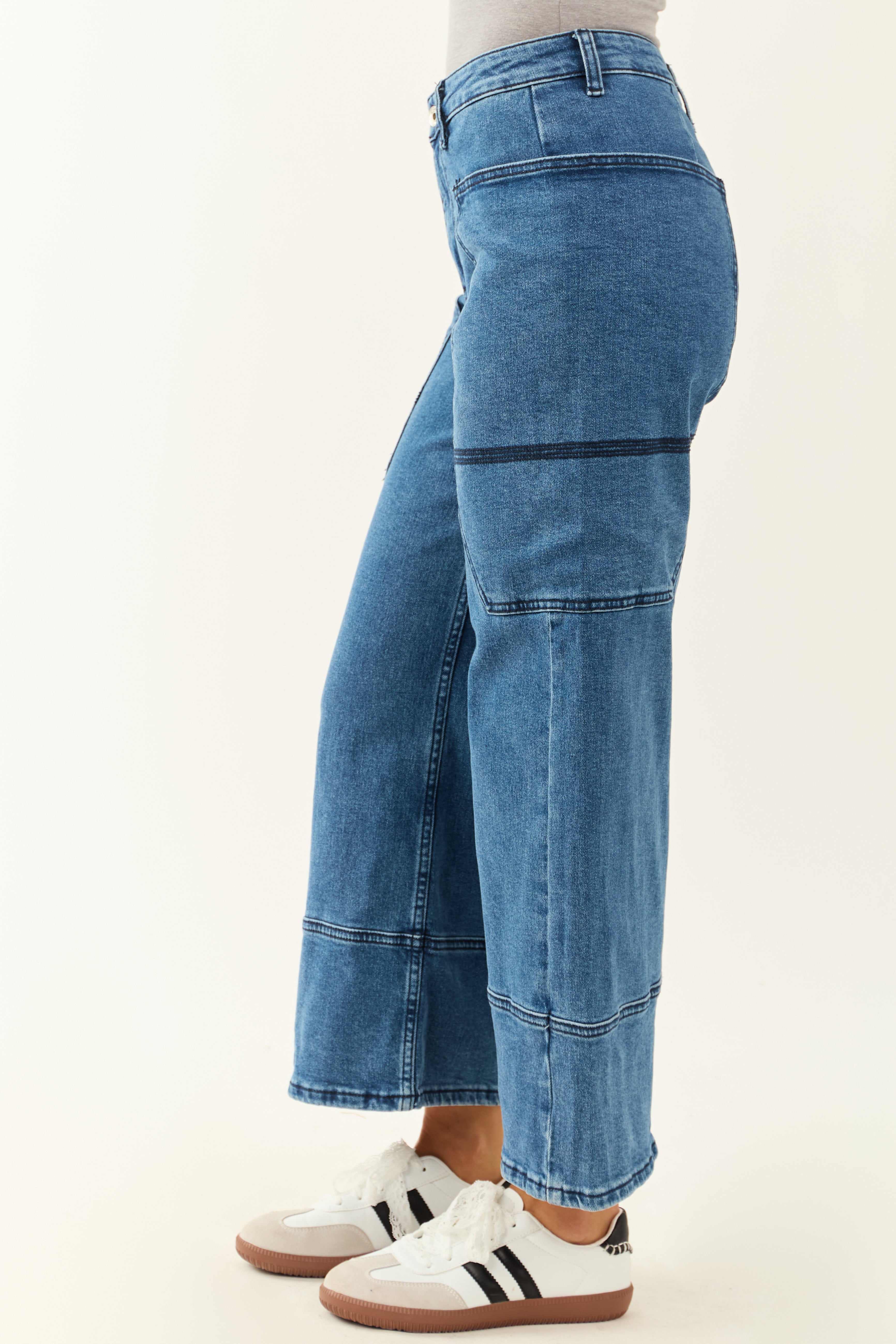 Saige Dark Wash Wide Leg Stretchy Wrap Pocket Jeans | Lime Lush