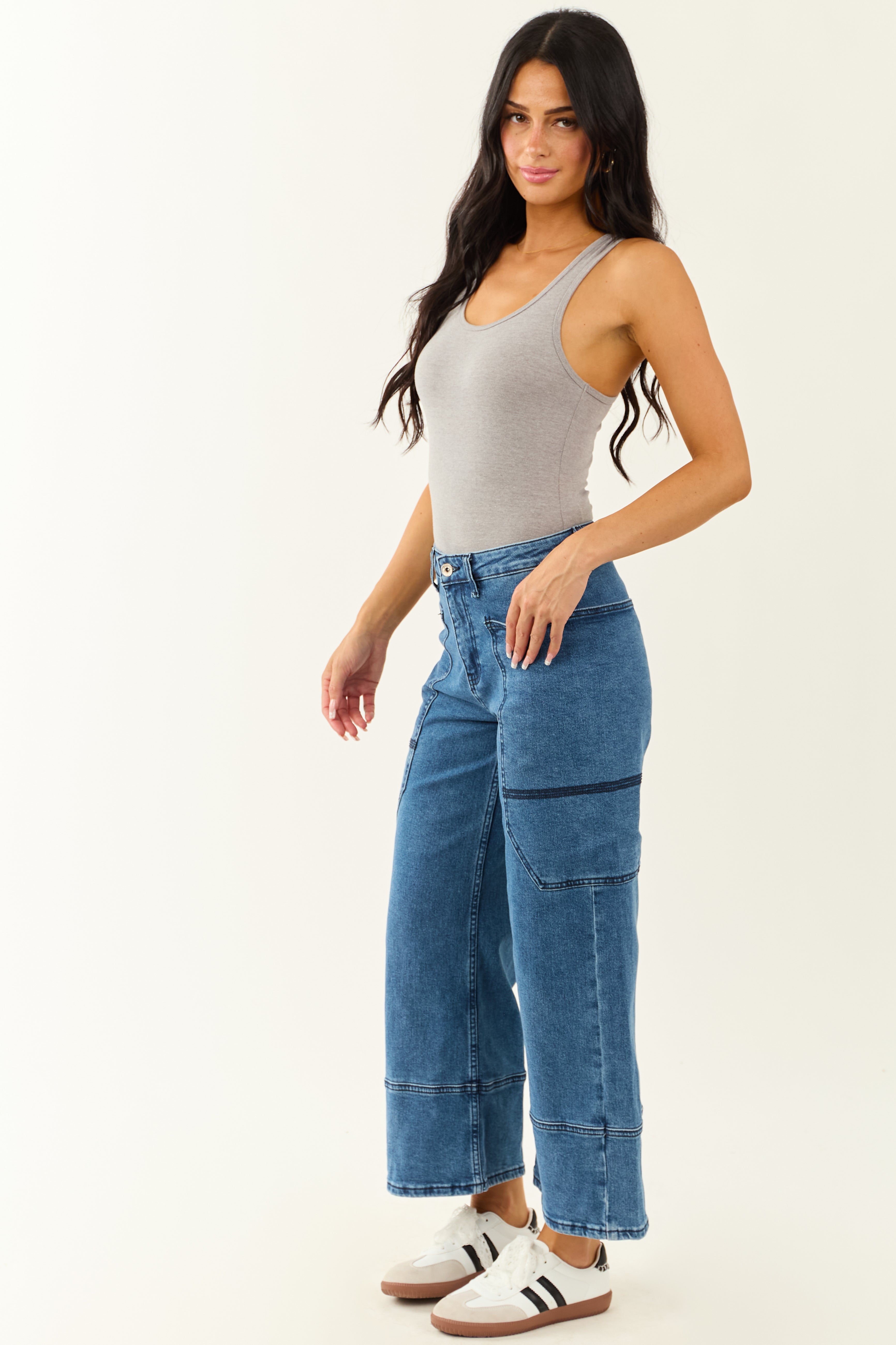 Saige Dark Wash Wide Leg Stretchy Wrap Pocket Jeans | Lime Lush