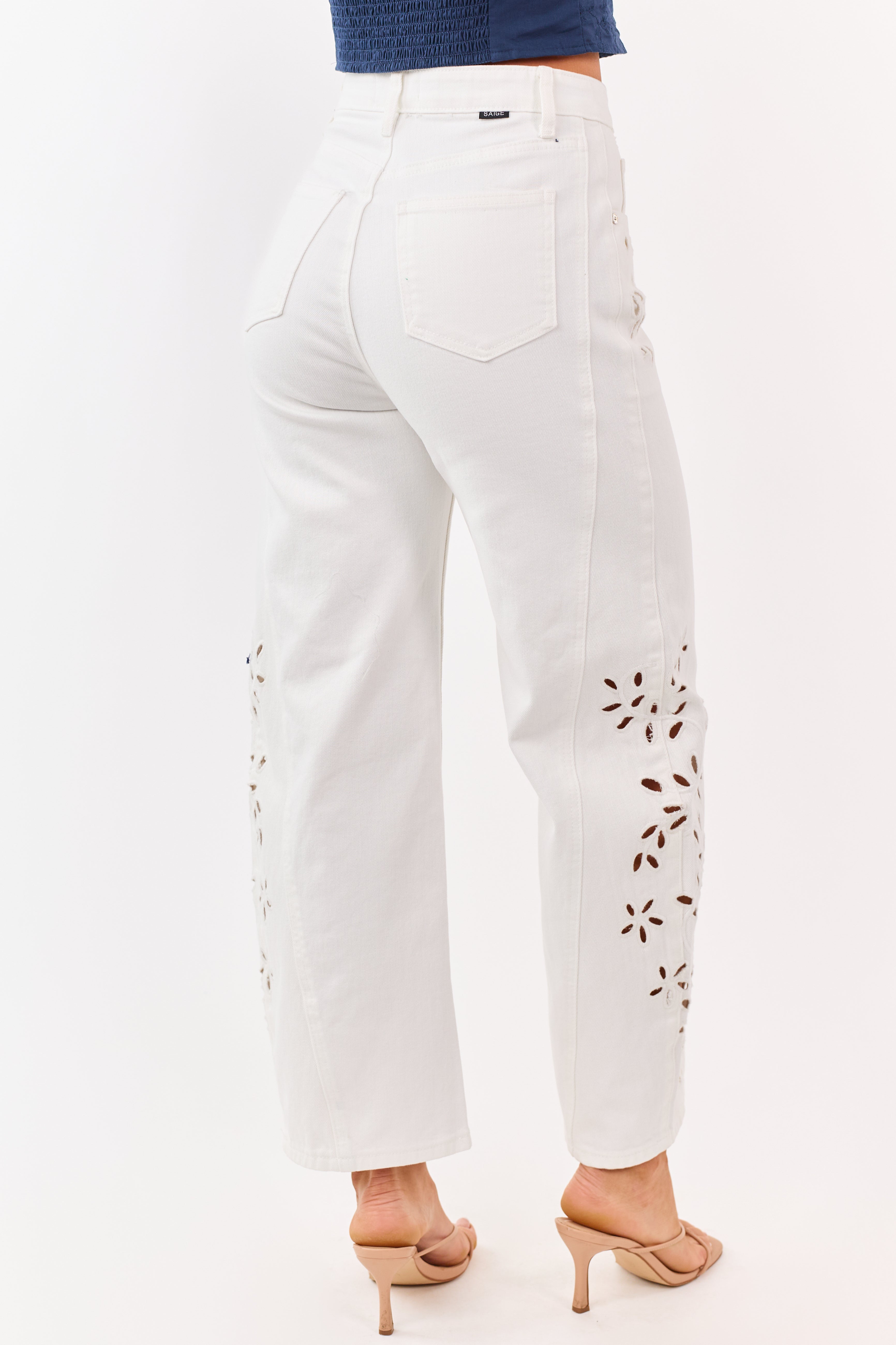 Saige Ivory Embroidered Tummy Control Barrel Jeans