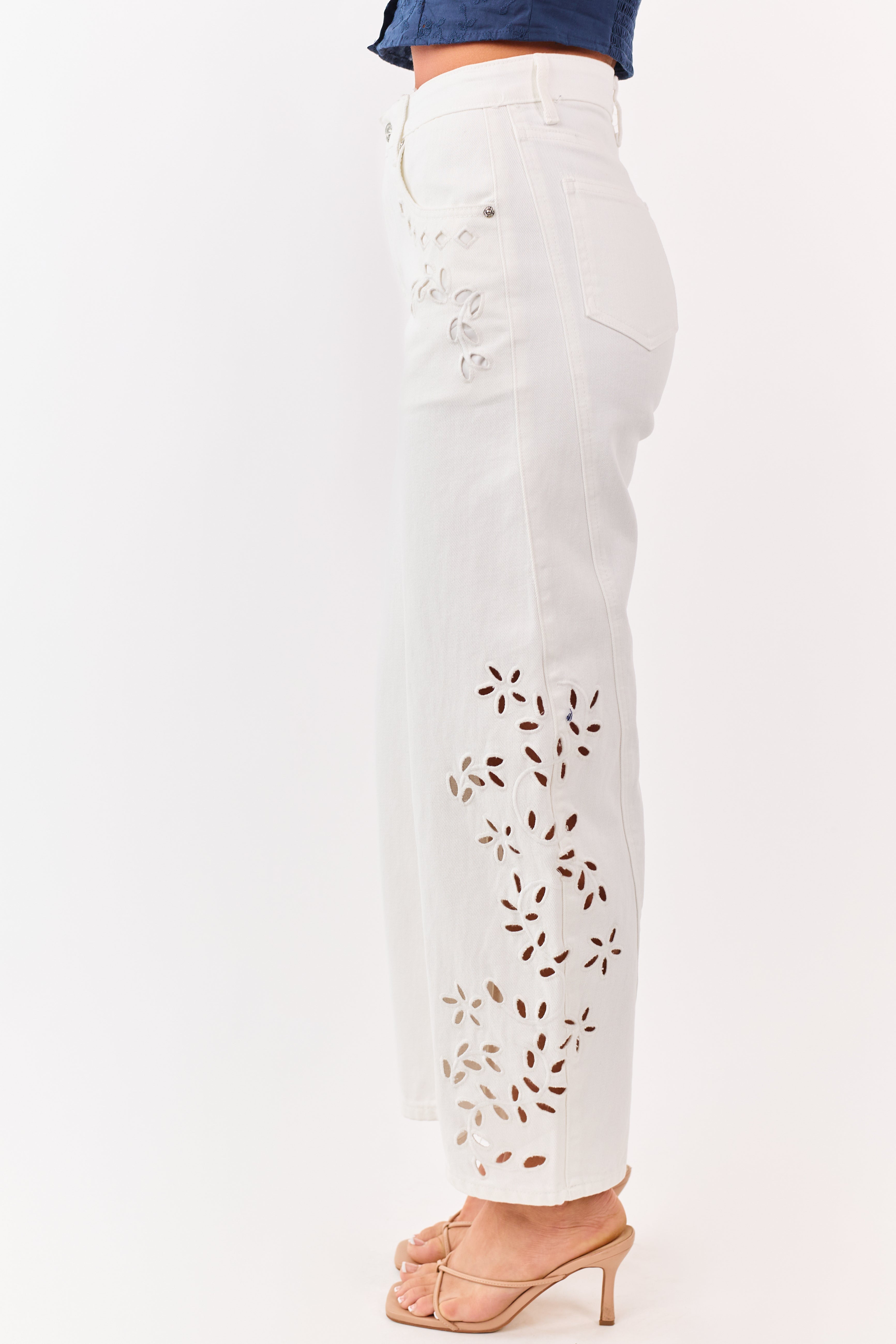 Saige Ivory Embroidered Tummy Control Barrel Jeans