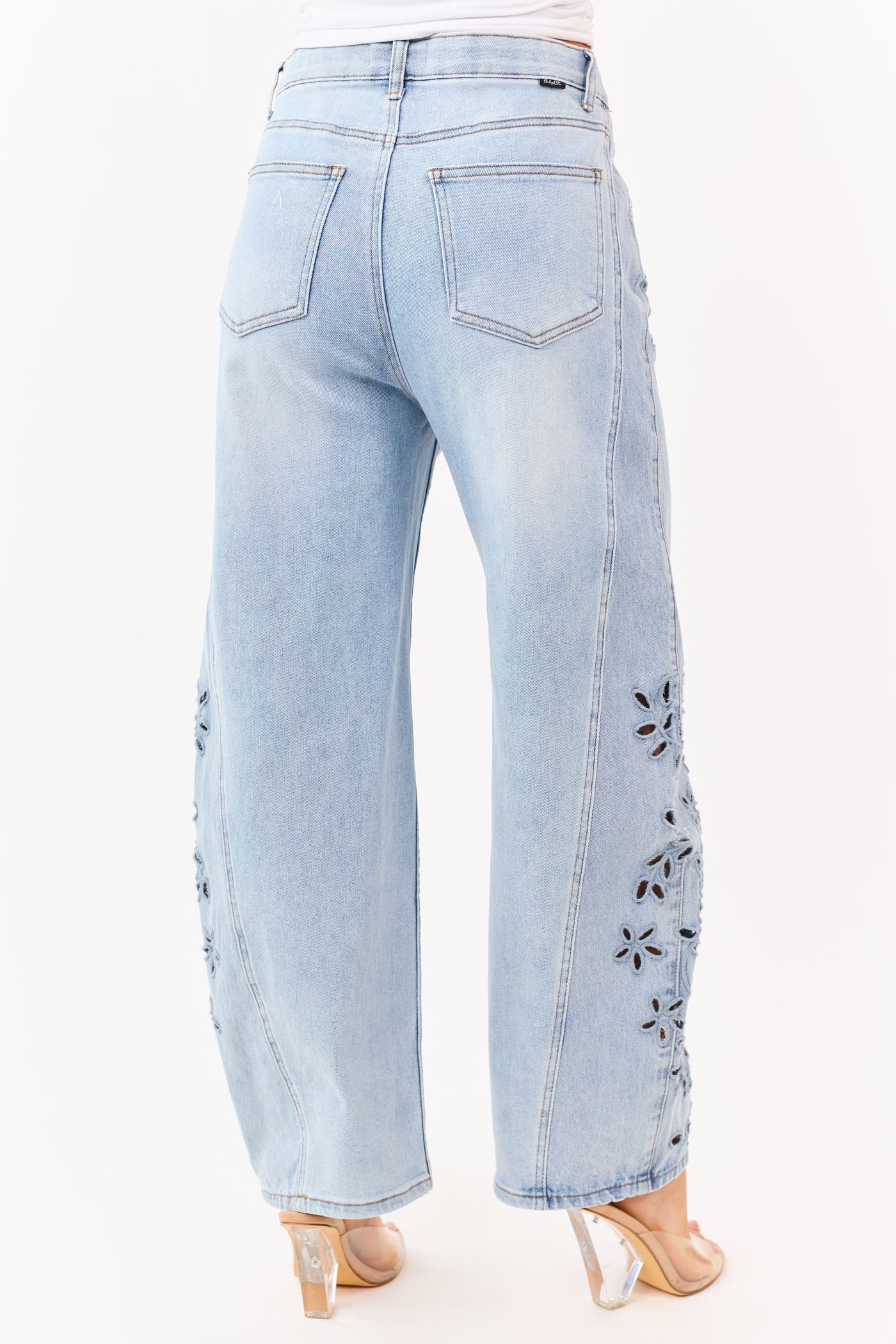 Saige Light Embroidered Tummy Control Barrel Jeans