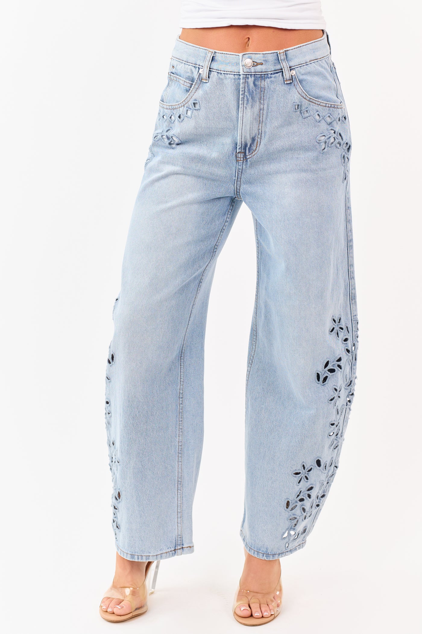 Saige Light Embroidered Tummy Control Barrel Jeans