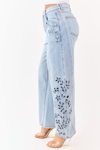Saige Light Embroidered Tummy Control Barrel Jeans