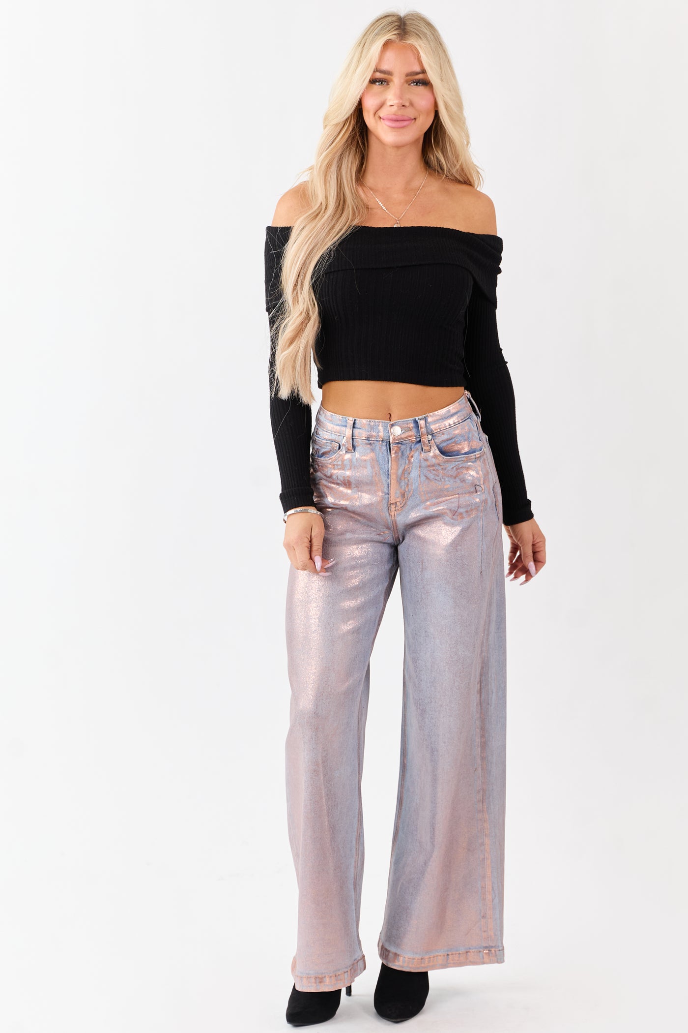 Saige Pink Metallic Wide Stretchy Tummy Control Jeans