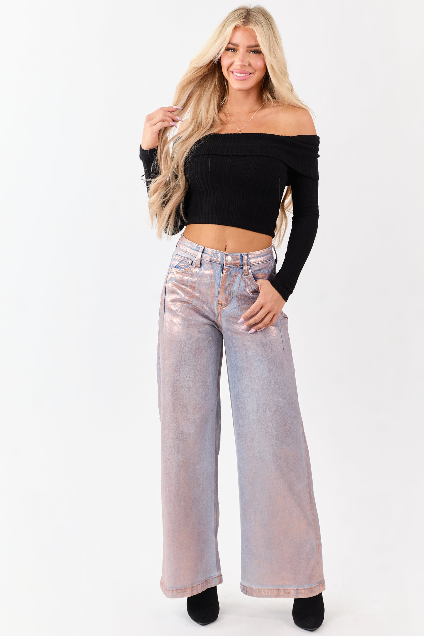 Saige Pink Metallic Wide Stretchy Tummy Control Jeans