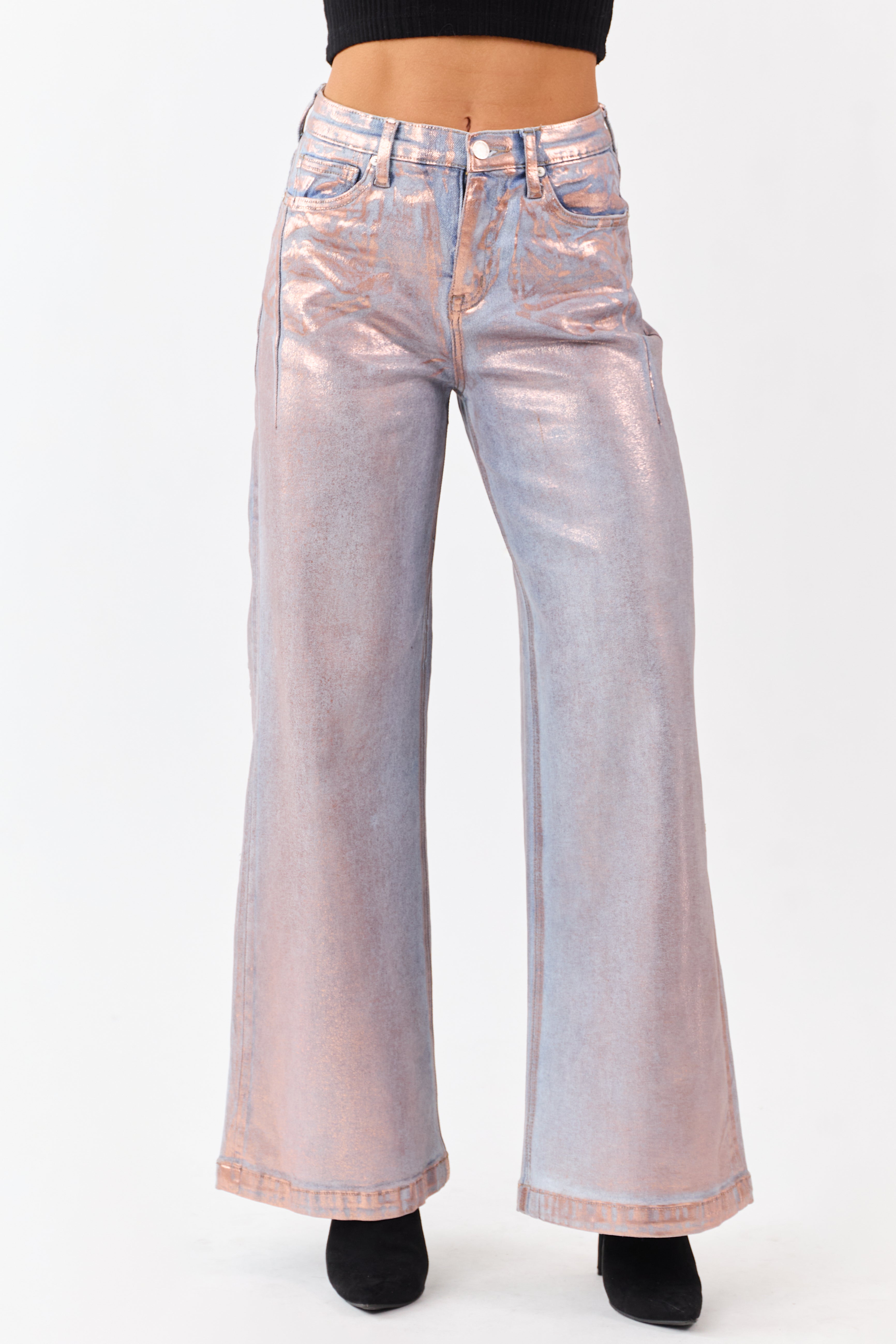 Saige Pink Metallic Wide Stretchy Tummy Control Jeans | Lime Lush