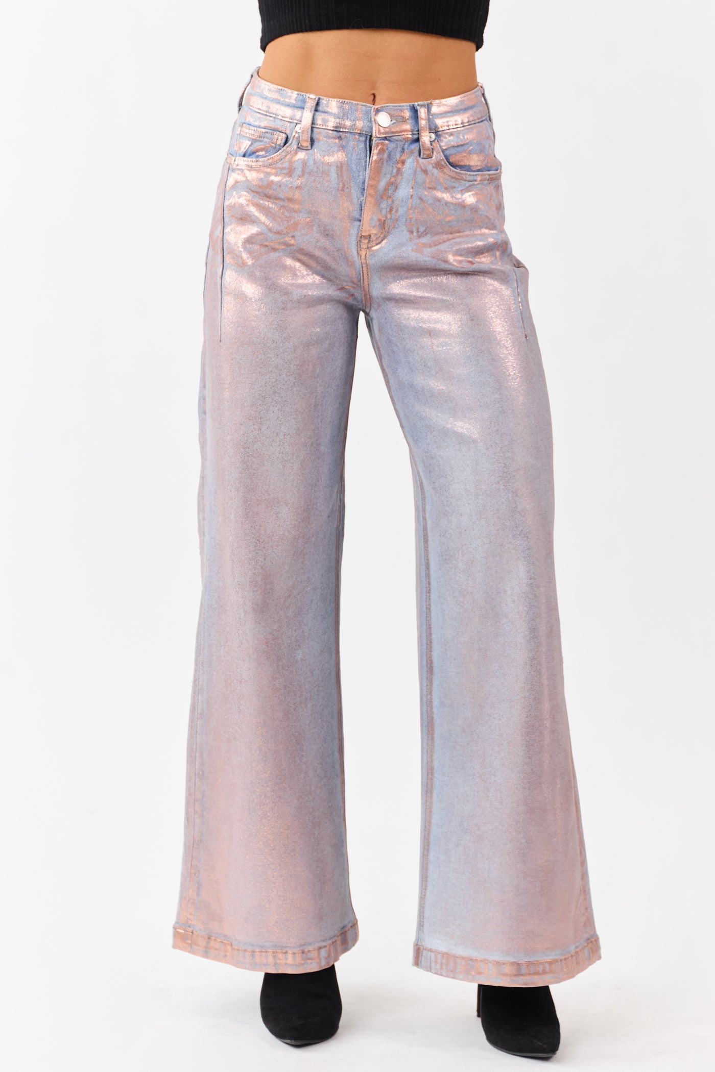 Saige Pink Metallic Wide Stretchy Tummy Control Jeans