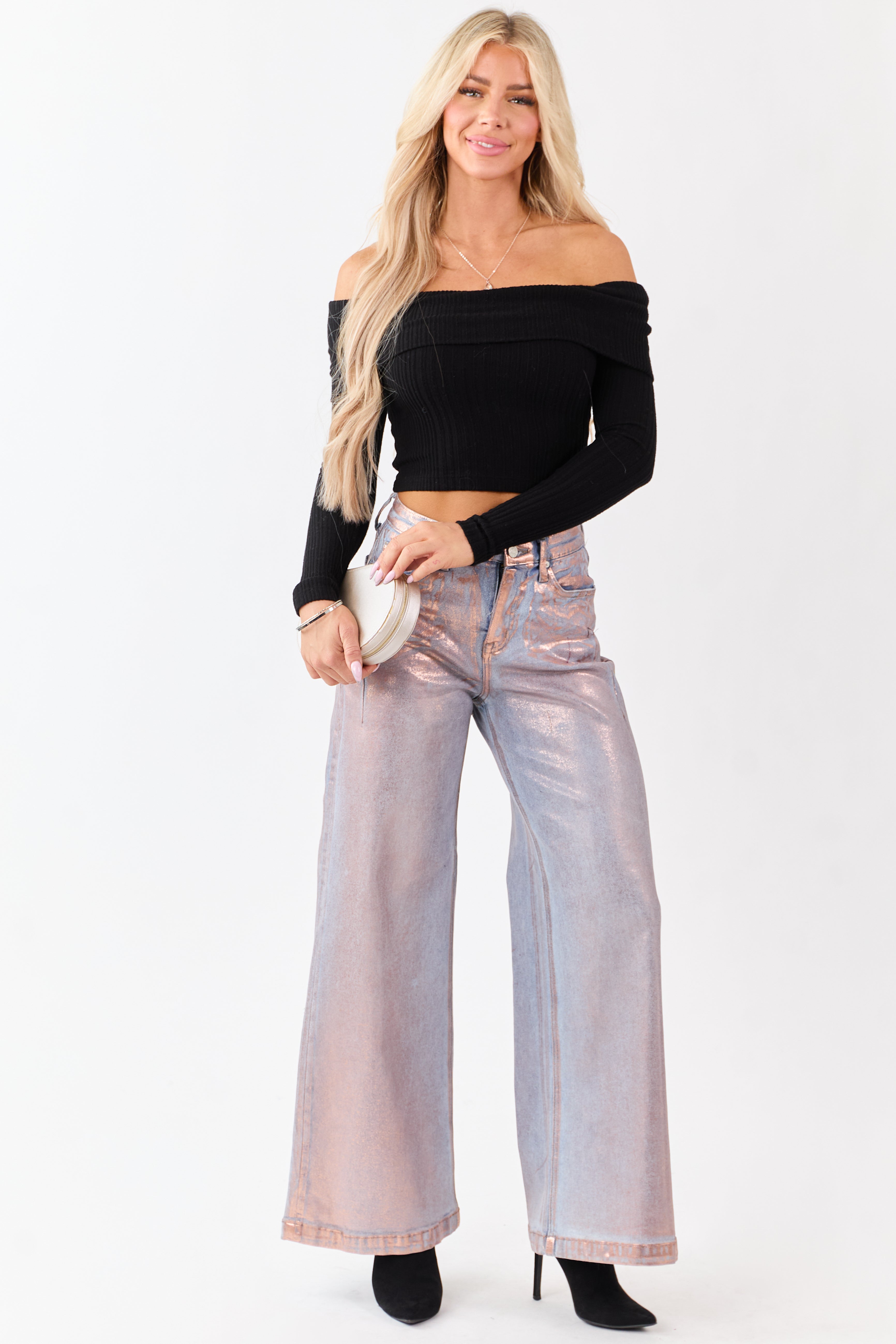 Saige Pink Metallic Wide Stretchy Tummy Control Jeans | Lime Lush