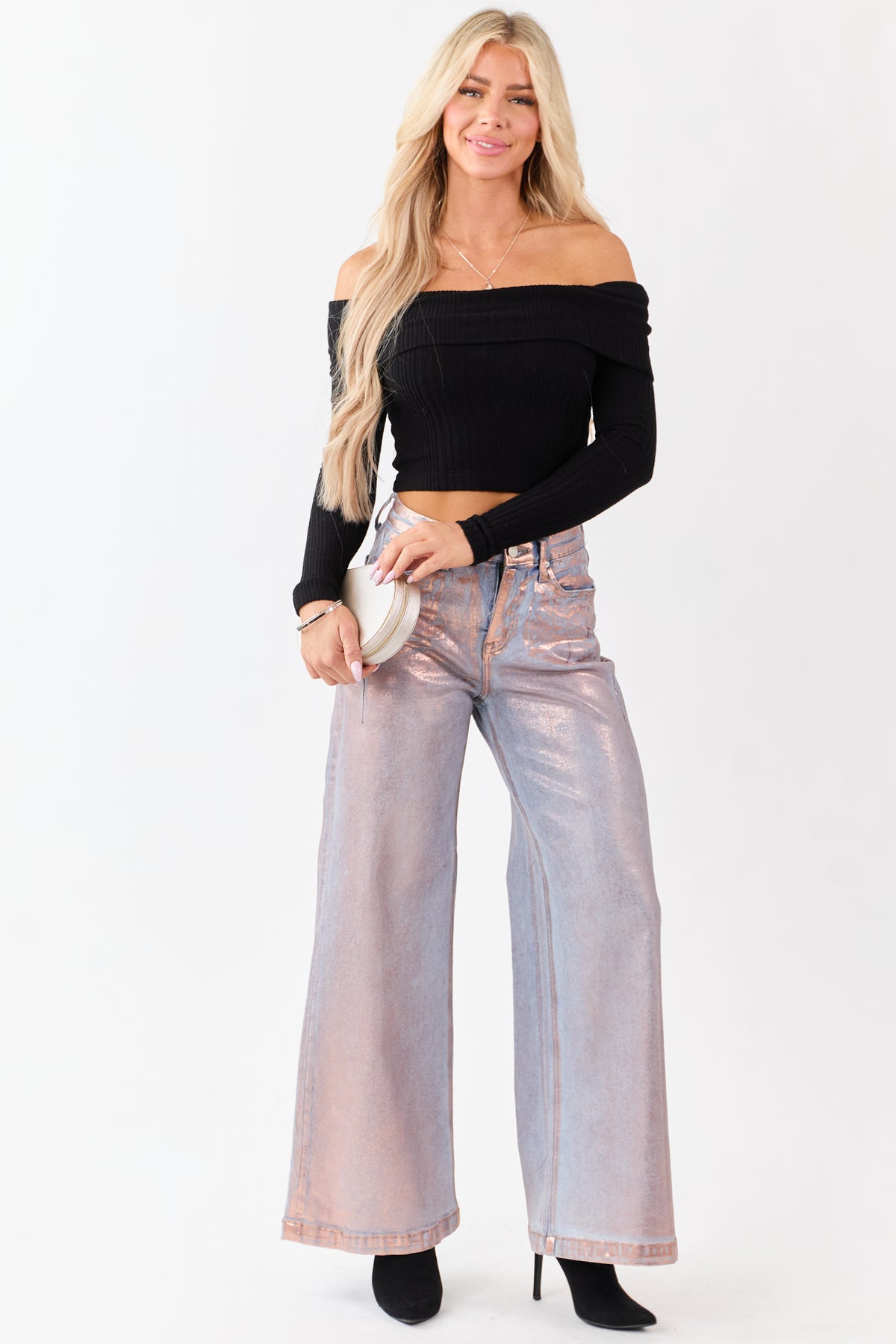 Pink Control Wear Saige Pink Metallic Wide Stretchy Tummy Control Jeans | Lime Lush Boutique