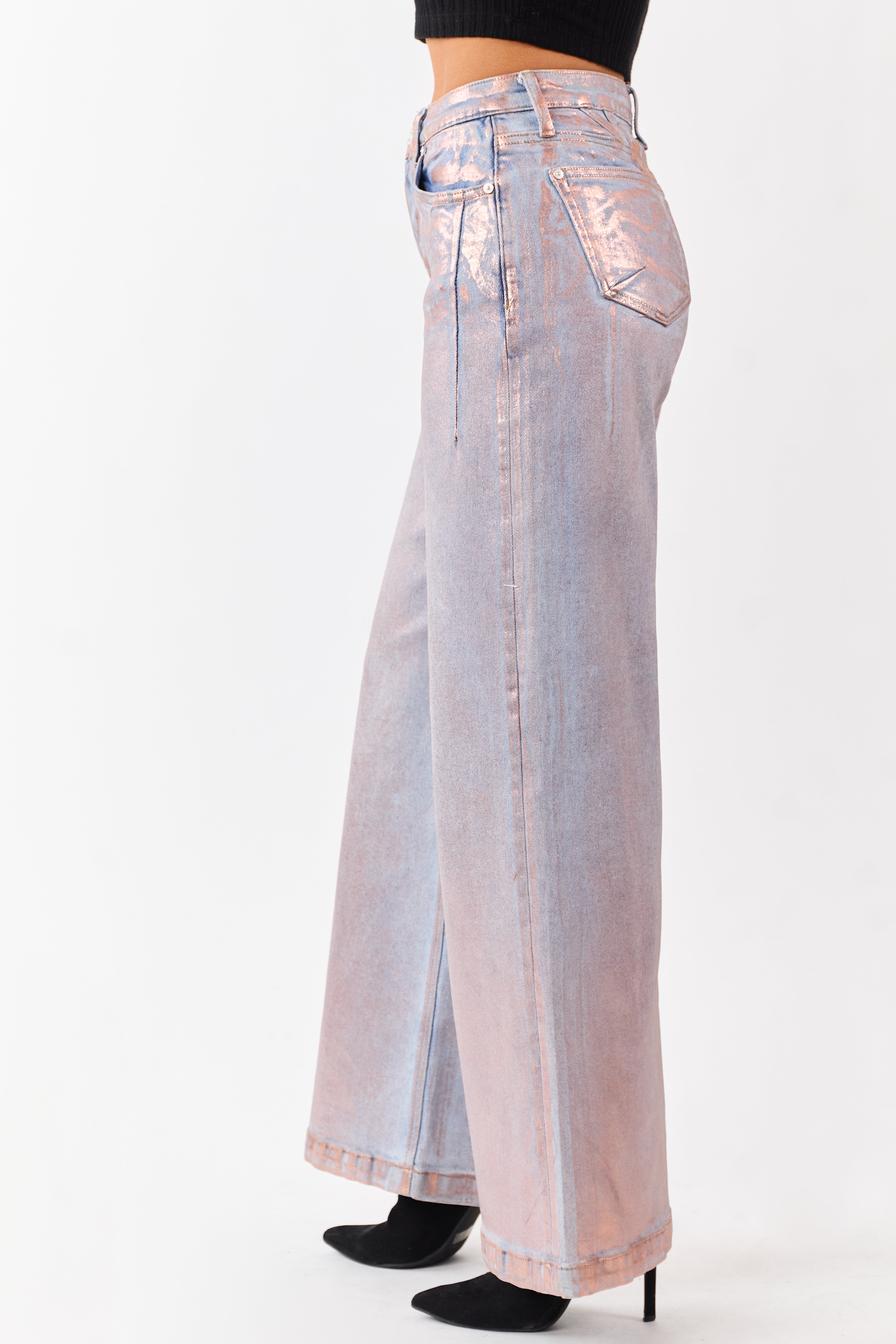 Saige Pink Metallic Wide Stretchy Tummy Control Jeans | Lime Lush