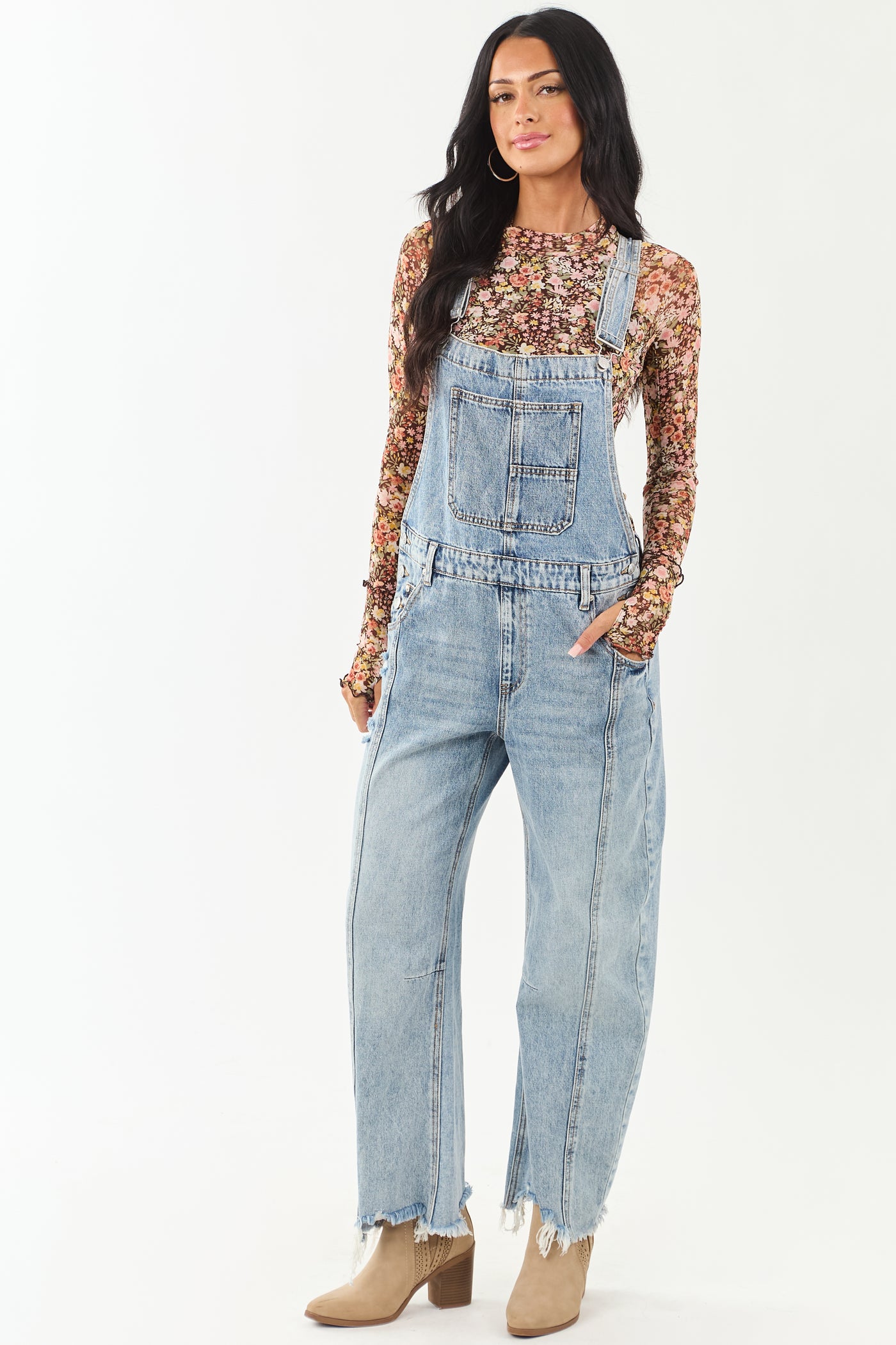 Saige Light Wash Denim Barrel Leg Overalls